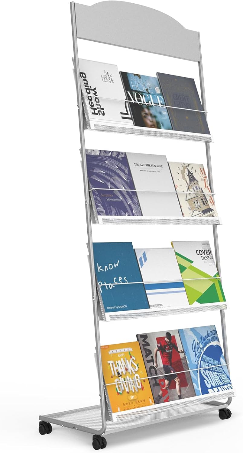 TONGMO Magazine Rack: Floor-Standing 4-Layer with Wheels, Brochure Display Stand, High-hardness metal for Exhibitions, Office, and Any Organization Requiring Information Display(Black)