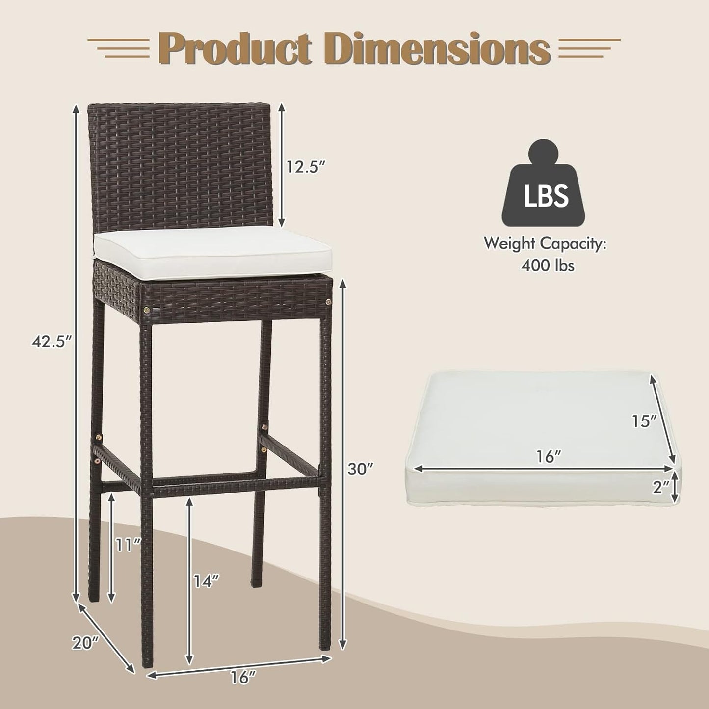 RELAX4LIFE Outdoor Bar Stools Set of 4 - Wicker Rattan Patio Barstools Tall Chairs w/Back, Footrest, Seat Cushions & Metal Frame, 400LBS Weight Capacity, 30’’ Counter Height Bar Stools (2, Mix Brown)