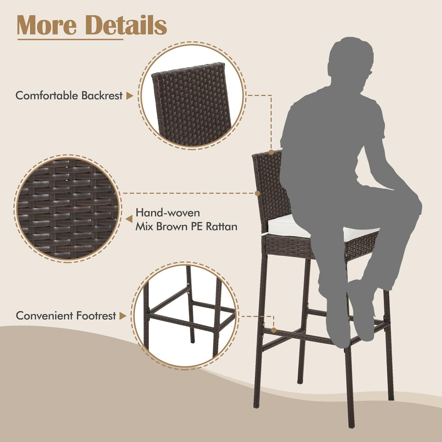 RELAX4LIFE Outdoor Bar Stools Set of 4 - Wicker Rattan Patio Barstools Tall Chairs w/Back, Footrest, Seat Cushions & Metal Frame, 400LBS Weight Capacity, 30’’ Counter Height Bar Stools (2, Mix Brown)