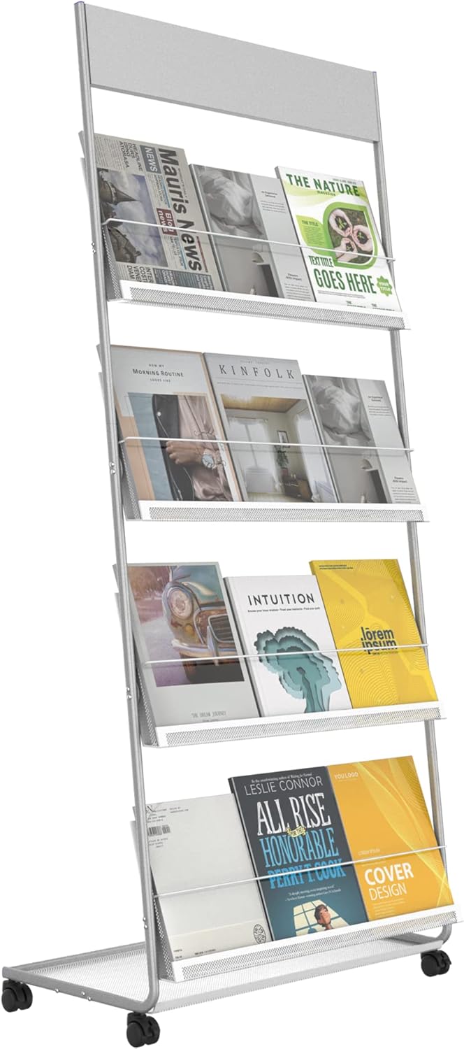 TONGMO Magazine Rack: Floor-Standing 4-Layer with Wheels, Brochure Display Stand, High-hardness metal for Exhibitions, Office, and Any Organization Requiring Information Display(Black)
