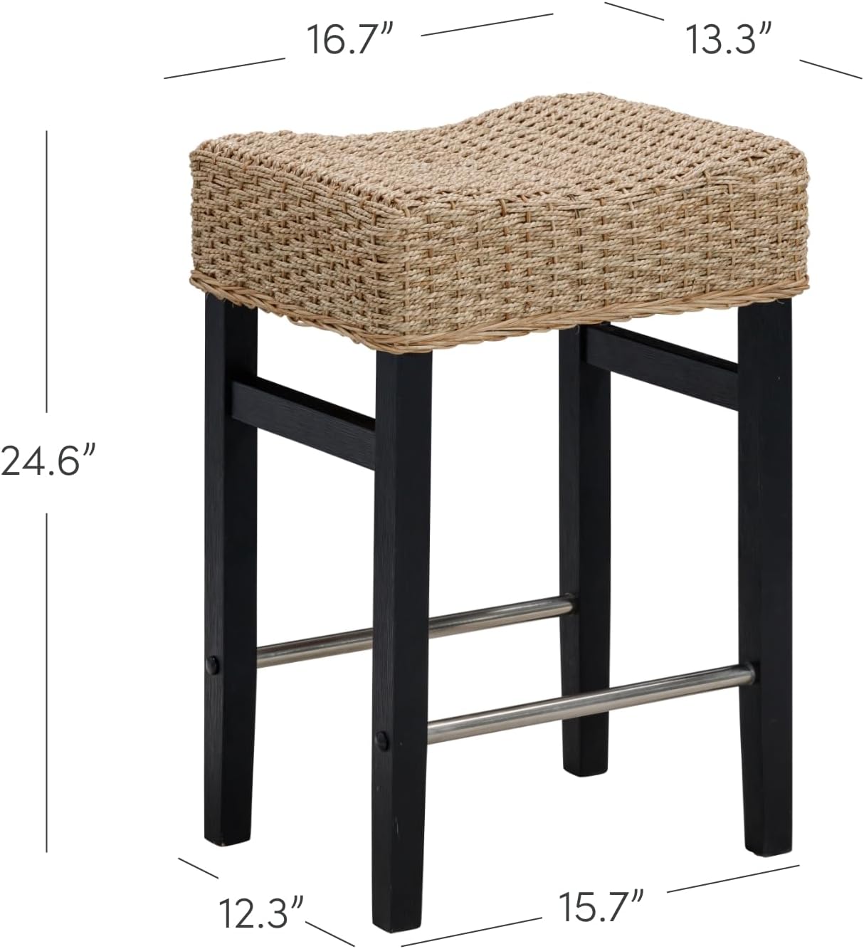 Nathan James Harvey Rattan Bar Stool, Bohemian Counter Height Stool with Woven Seagrass Seat, Solid Wood Legs, and Metal Footrest Seagrass/Brushed Black