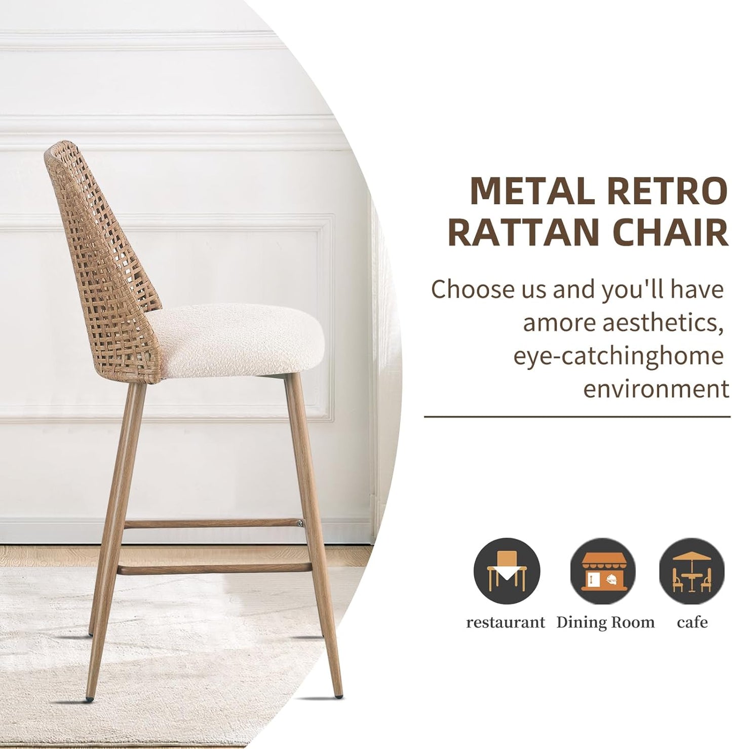 Rattan Bar Stools Set of 2, 26 Inches Height Wicker Bar,PE Rattan Stools with Metal Legs,Wicker Bar Stools Set of 2