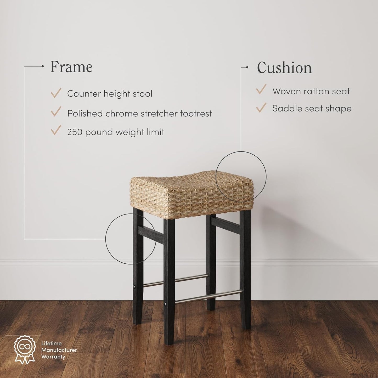 Nathan James Harvey Rattan Bar Stool, Bohemian Counter Height Stool with Woven Seagrass Seat, Solid Wood Legs, and Metal Footrest Seagrass/Brushed Black