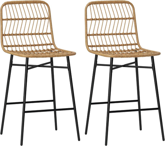 HOMCOM Rattan Counter Height Bar Stools Set of 2, 26" Wicker Barstools with Back, Modern Bar Chairs for Kitchen Island, Kitchen Counter and Dining Room, Brown
