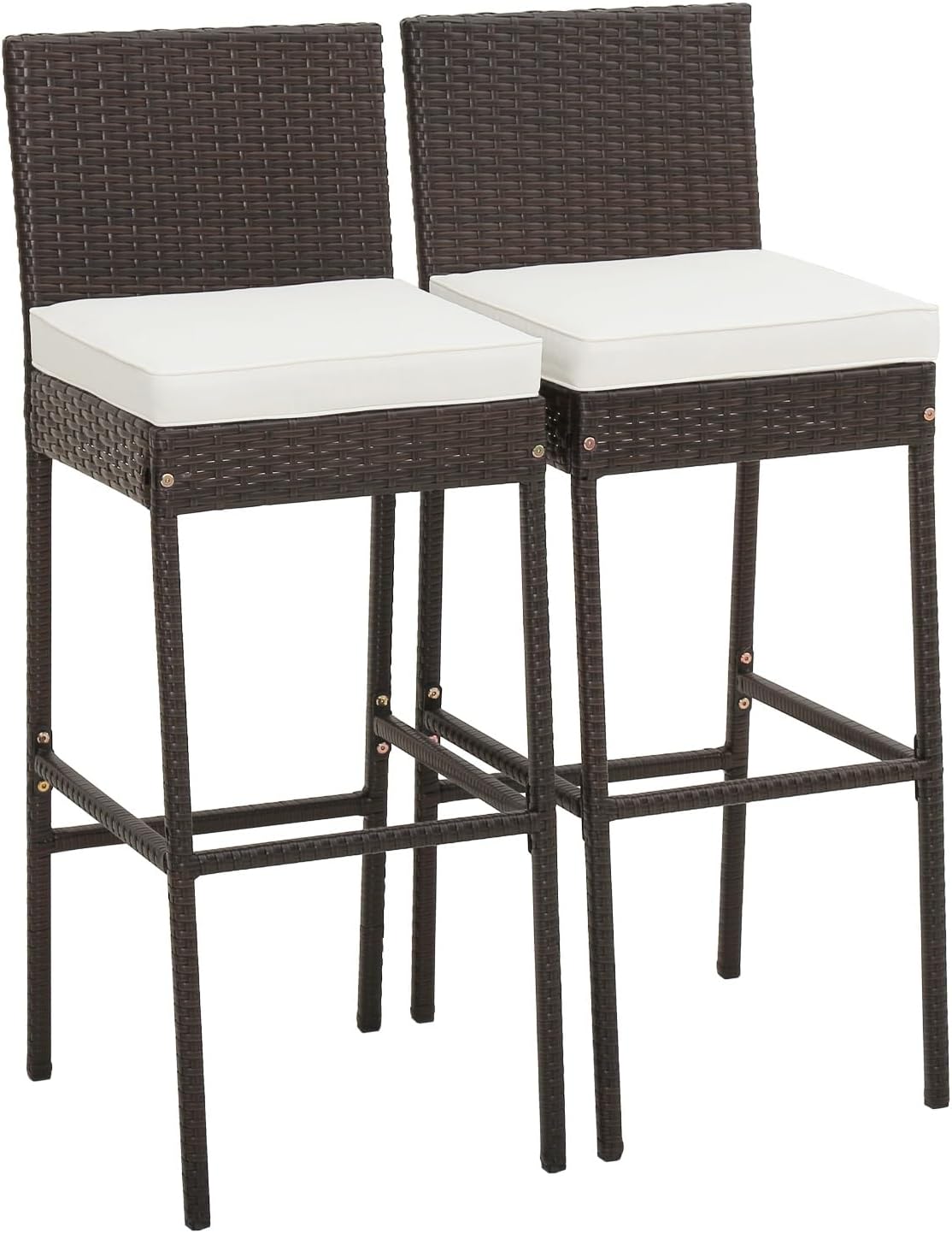 RELAX4LIFE Outdoor Bar Stools Set of 4 - Wicker Rattan Patio Barstools Tall Chairs w/Back, Footrest, Seat Cushions & Metal Frame, 400LBS Weight Capacity, 30’’ Counter Height Bar Stools (2, Mix Brown)