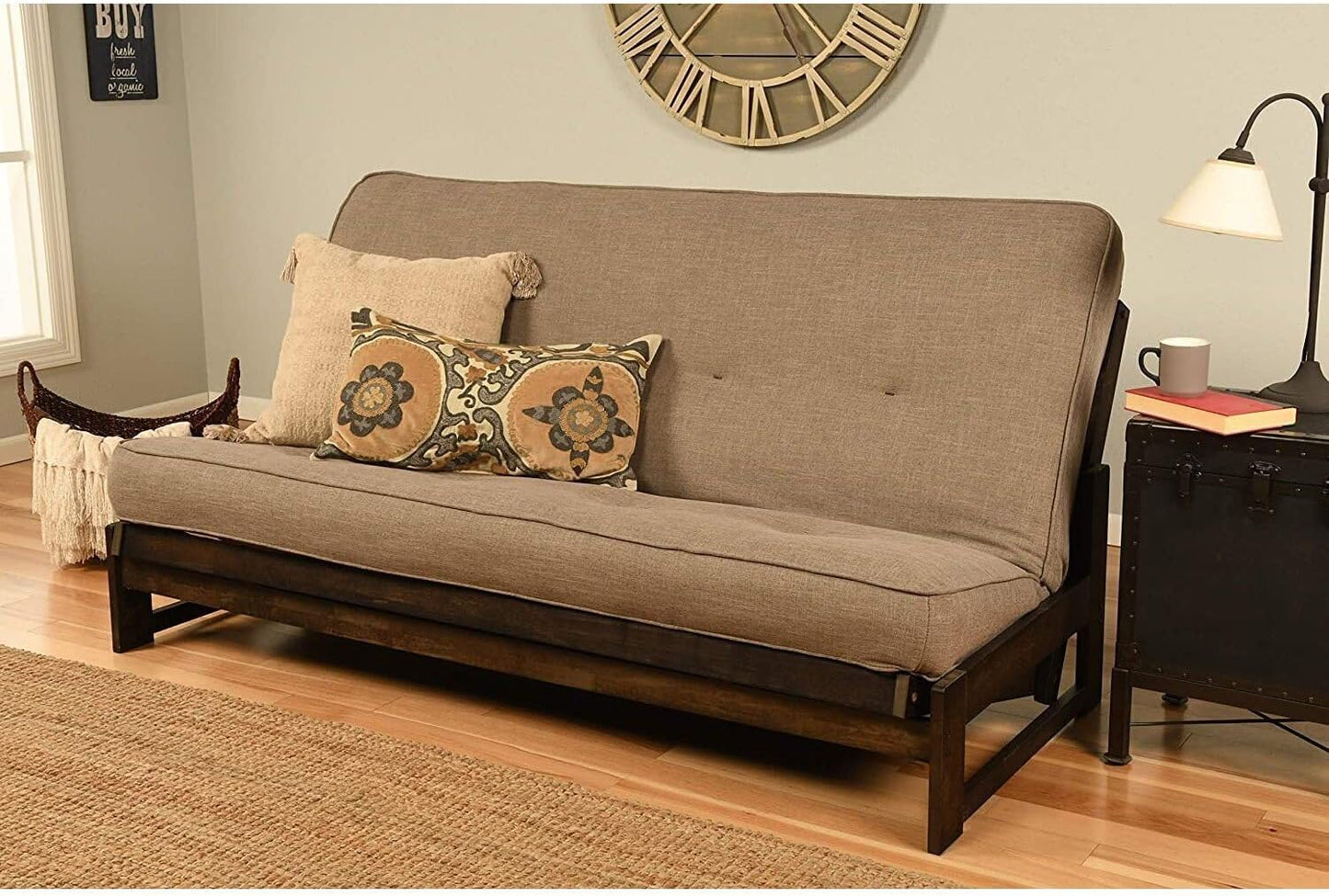 Lakefront Luxury Full Size Futon Frame Set in Reclaimed Mocha Finish, Futon Frame with Mattress, Straight Arm, Versatile and Convertible Design Futon Frame for All Spaces Frame Only