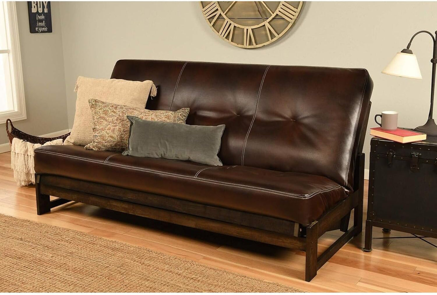 Lakefront Luxury Full Size Futon Frame Set in Reclaimed Mocha Finish, Futon Frame with Mattress, Straight Arm, Versatile and Convertible Design Futon Frame for All Spaces Frame Only