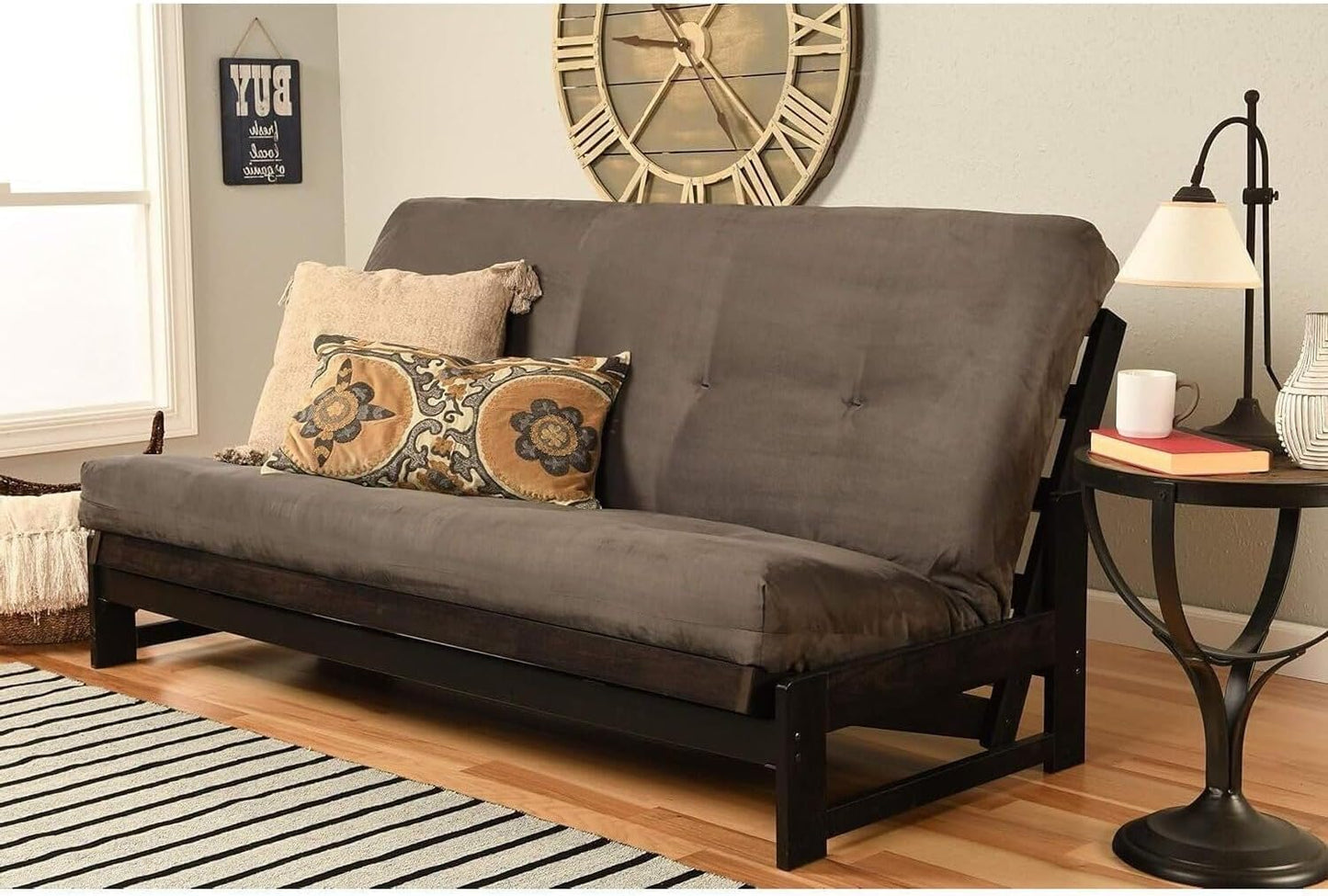 Lakefront Luxury Full Size Futon Frame Set in Reclaimed Mocha Finish, Futon Frame with Mattress, Straight Arm, Versatile and Convertible Design Futon Frame for All Spaces Frame Only