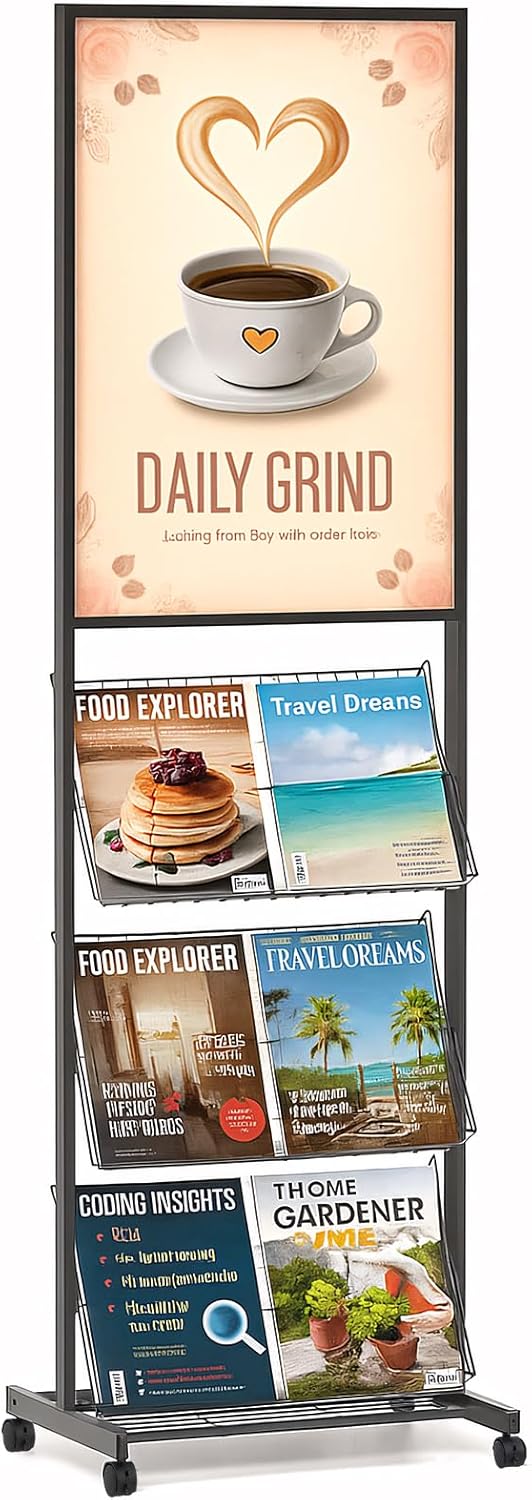 Zonon Magazine Rack Floor Stand 4-tier Shelf with Wheels Brochure Newspaper Display Stand and 19.69" x 27.56" Poster Sign Holder for Exhibition Store Business Office Showroom
