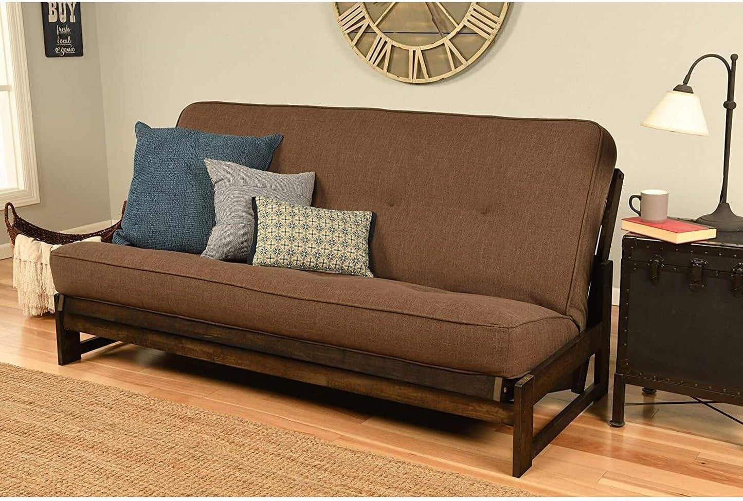 Lakefront Luxury Full Size Futon Frame Set in Reclaimed Mocha Finish, Futon Frame with Mattress, Straight Arm, Versatile and Convertible Design Futon Frame for All Spaces Frame Only