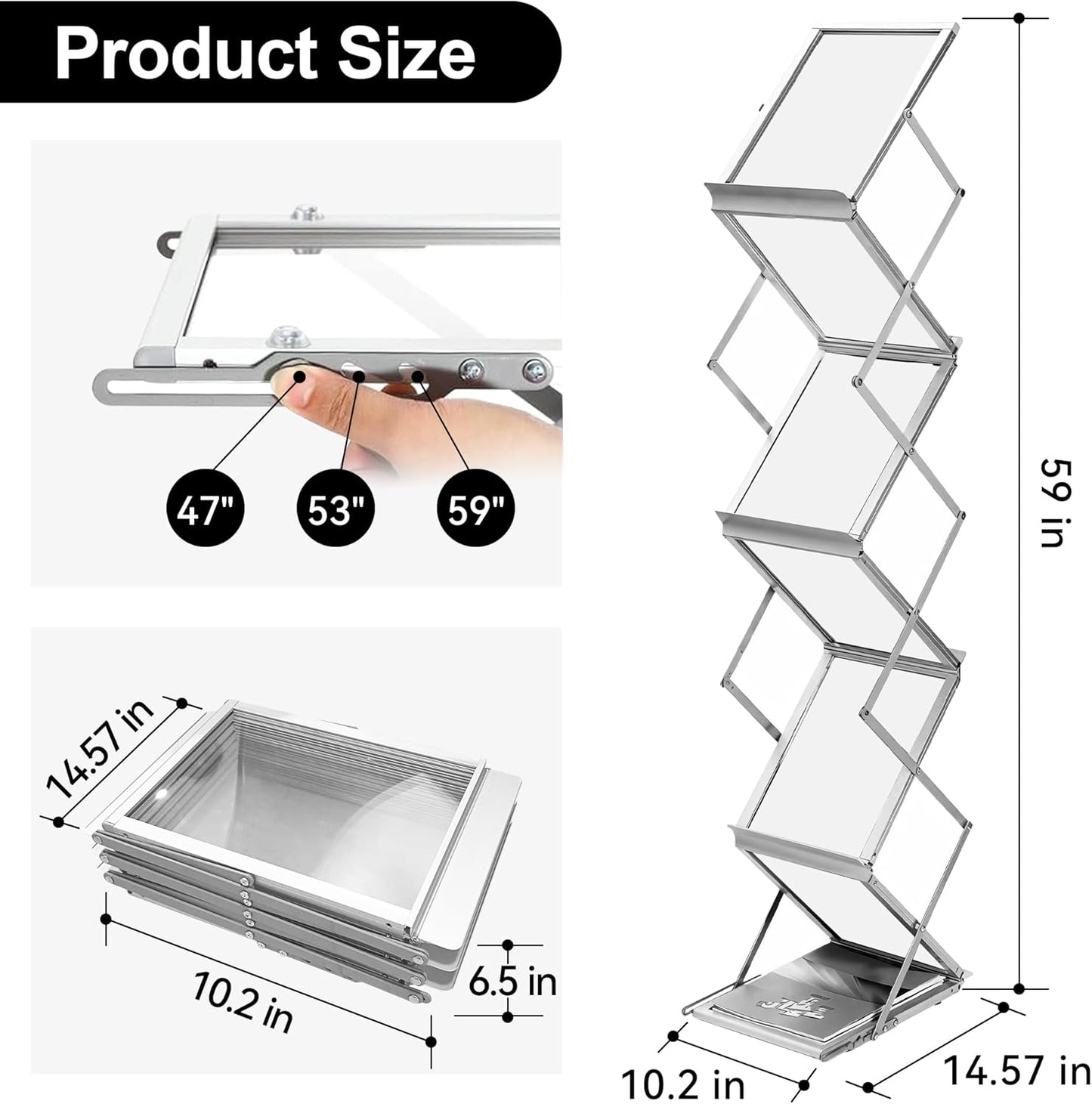 Magazine Rack Floor,Aluminum Magazine Display,Foldable Brochure Display Stand,Portable Magazines Stand Literature Rack with Carrying Bag for Exhibition,Trade Show,Office,Store,6 Pockets