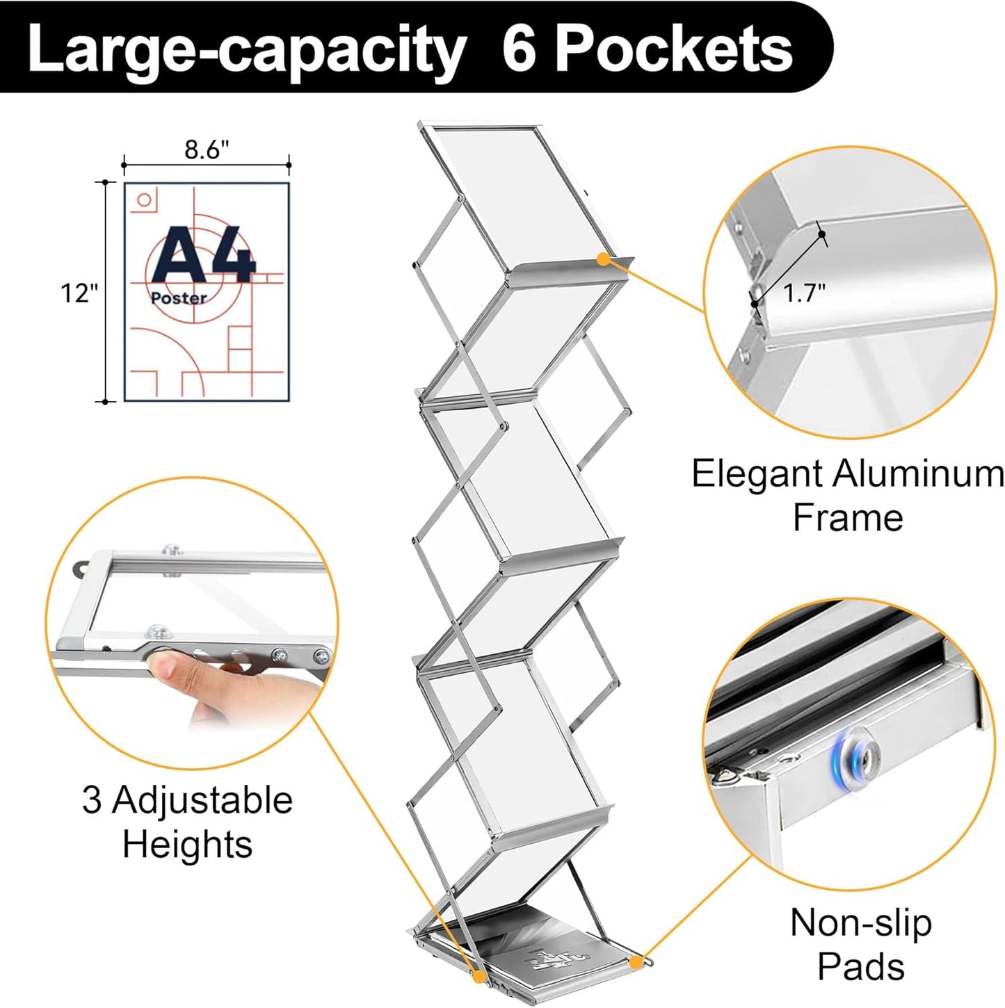 Magazine Rack Floor,Aluminum Magazine Display,Foldable Brochure Display Stand,Portable Magazines Stand Literature Rack with Carrying Bag for Exhibition,Trade Show,Office,Store,6 Pockets