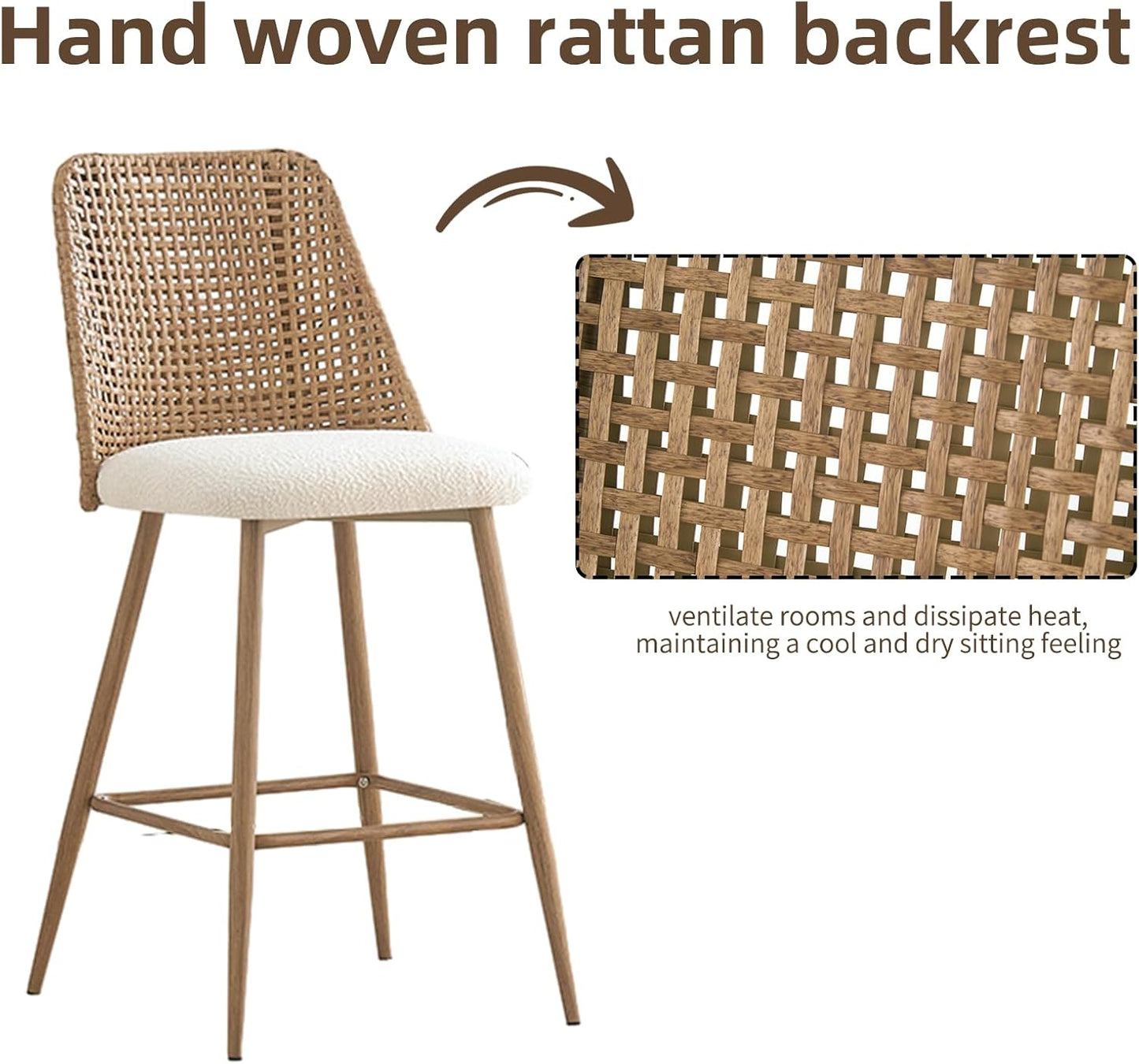 Rattan Bar Stools Set of 2, 26 Inches Height Wicker Bar,PE Rattan Stools with Metal Legs,Wicker Bar Stools Set of 2