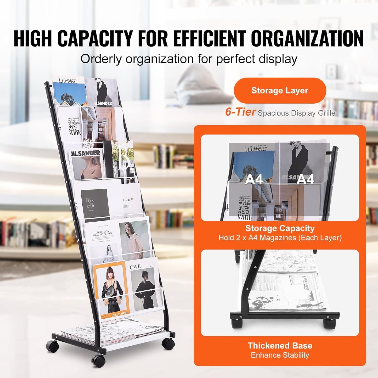 VEVOR Brochure Display Rack, 6-Tier Magazine Literature Display Stand, Floor Standing Magazine Rack Newspaper Catalog Holders, Movable with 4 Wheels (2 Lockable) for Shop Exhibitions Office, 6 Pockets