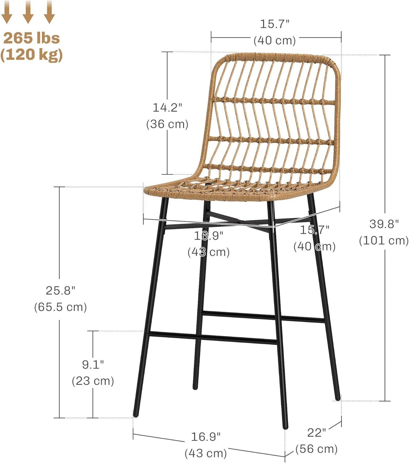 HOMCOM Rattan Counter Height Bar Stools Set of 2, 26" Wicker Barstools with Back, Modern Bar Chairs for Kitchen Island, Kitchen Counter and Dining Room, Brown