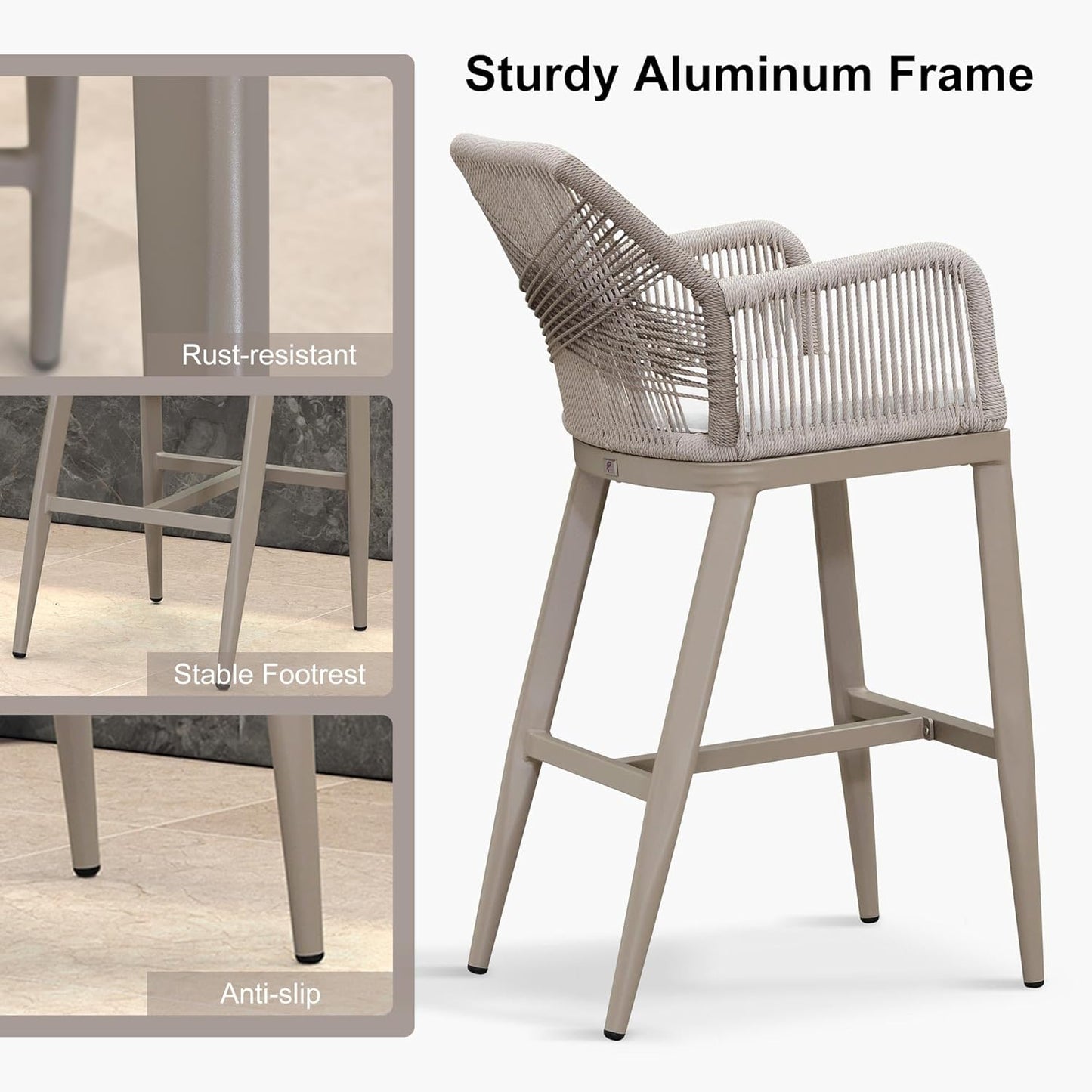PURPLE LEAF Patio Sunbrella Bar Height Stools 28" H Set of 2 Boho Rattan Aluminum Tall Bar Chairs with High Back Arms for Outside Island Kitchen Backyard Outdoor Wicker Barstools Champagne