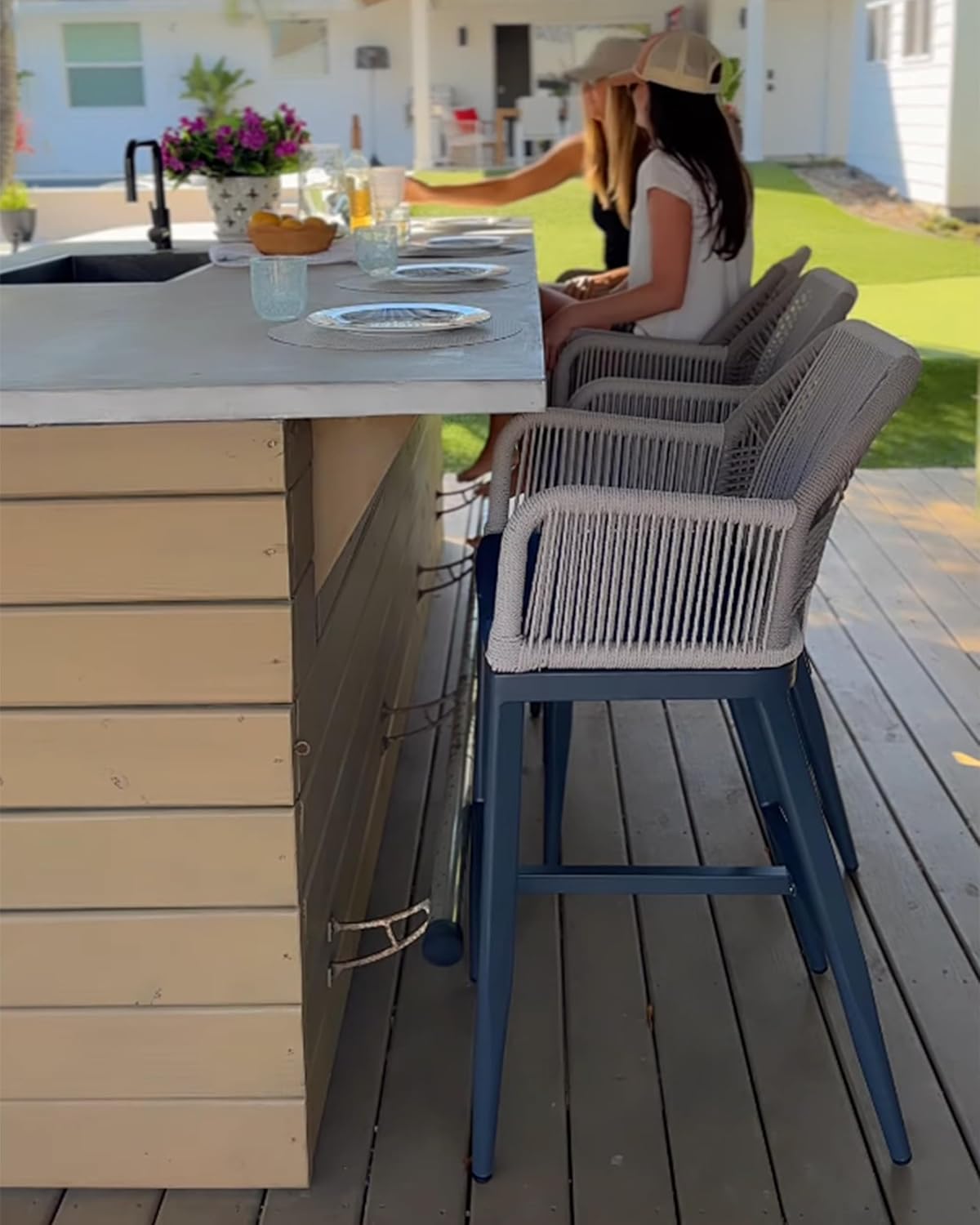 PURPLE LEAF Patio Sunbrella Bar Height Stools 28" H Set of 2 Boho Rattan Aluminum Tall Bar Chairs with High Back Arms for Outside Island Kitchen Backyard Outdoor Wicker Barstools Champagne