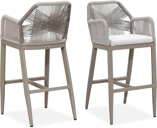 PURPLE LEAF Patio Sunbrella Bar Height Stools 28" H Set of 2 Boho Rattan Aluminum Tall Bar Chairs with High Back Arms for Outside Island Kitchen Backyard Outdoor Wicker Barstools Champagne