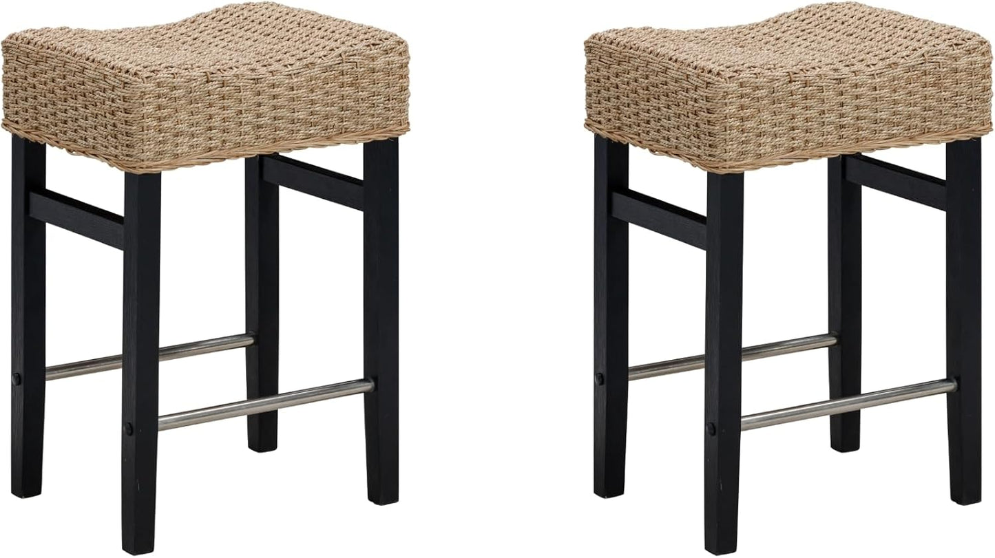 Nathan James Harvey Rattan Bar Stool, Bohemian Counter Height Stool with Woven Seagrass Seat, Solid Wood Legs, and Metal Footrest Seagrass/Brushed Black