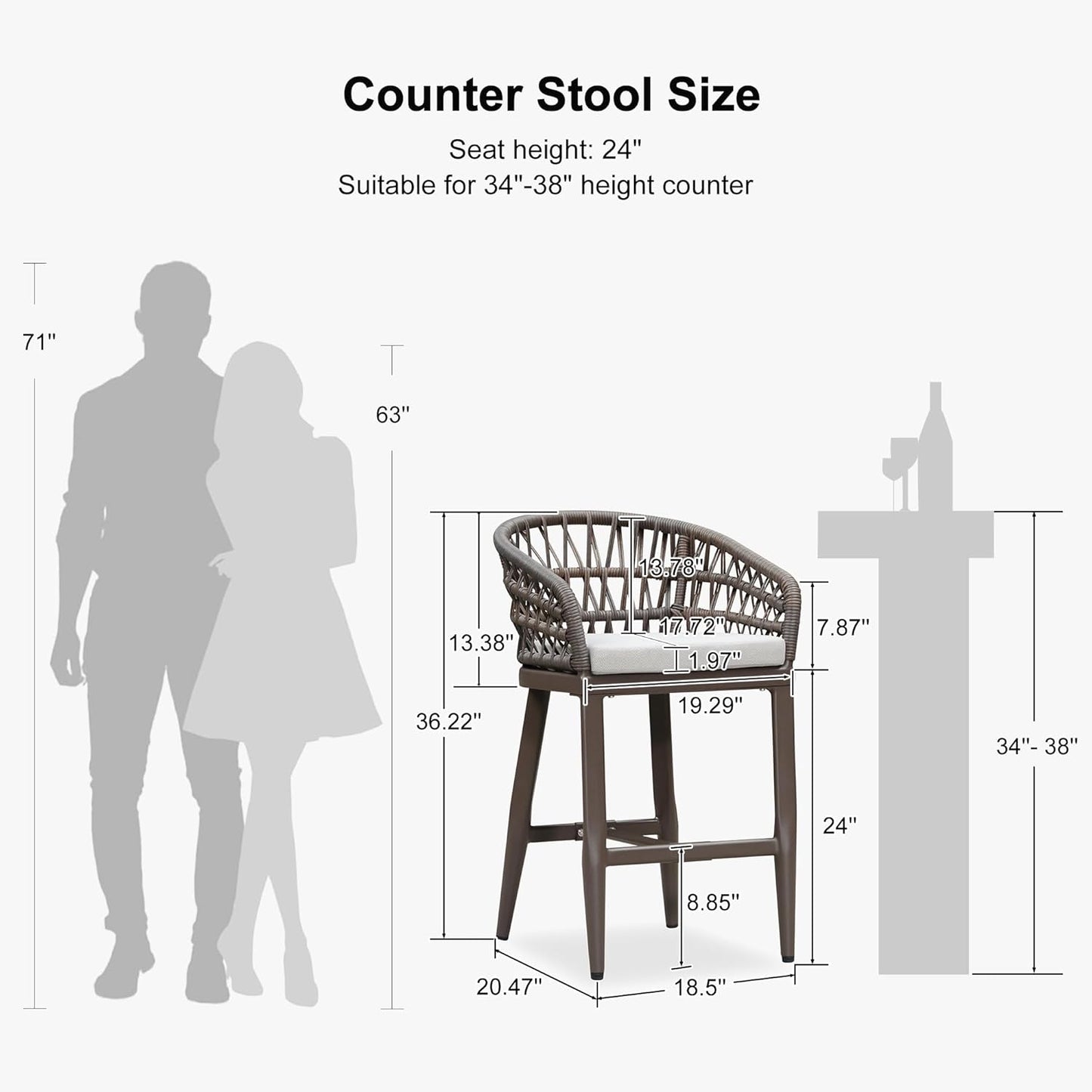 PURPLE LEAF Outdoor Rattan 24" Counter Height Bar Stools Chair Set of 2, Modern Patio Wicker Barstool with Backrest for Indoor and Outdoor, Kitchen Island, Coffee