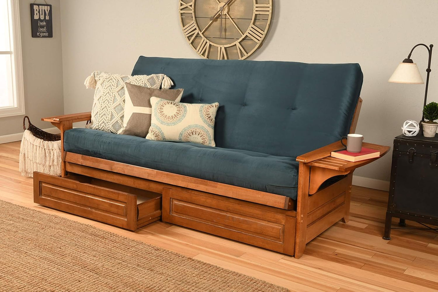 Kodiak Furniture Phoenix Futon Set with Linen Stone Mattress and Storage Drawers, Full, Barbados