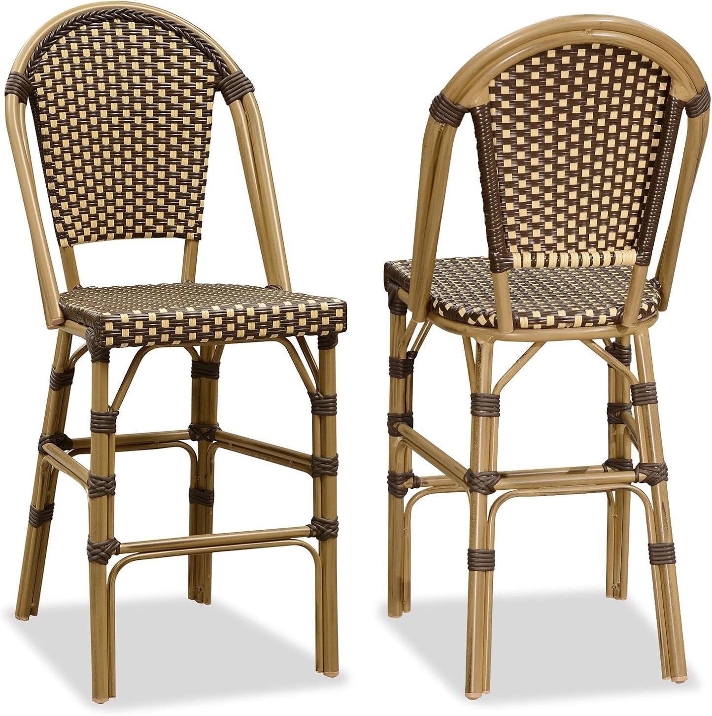 PURPLE LEAF French Bar Stool Set of 2 Bamboo Print Finish Patio Bar Stools with Back Rattan Chairs Wicker Bar Height Stool 30" with Footrest Kitchen Island Stools Outdoor Barstool Royal Blue