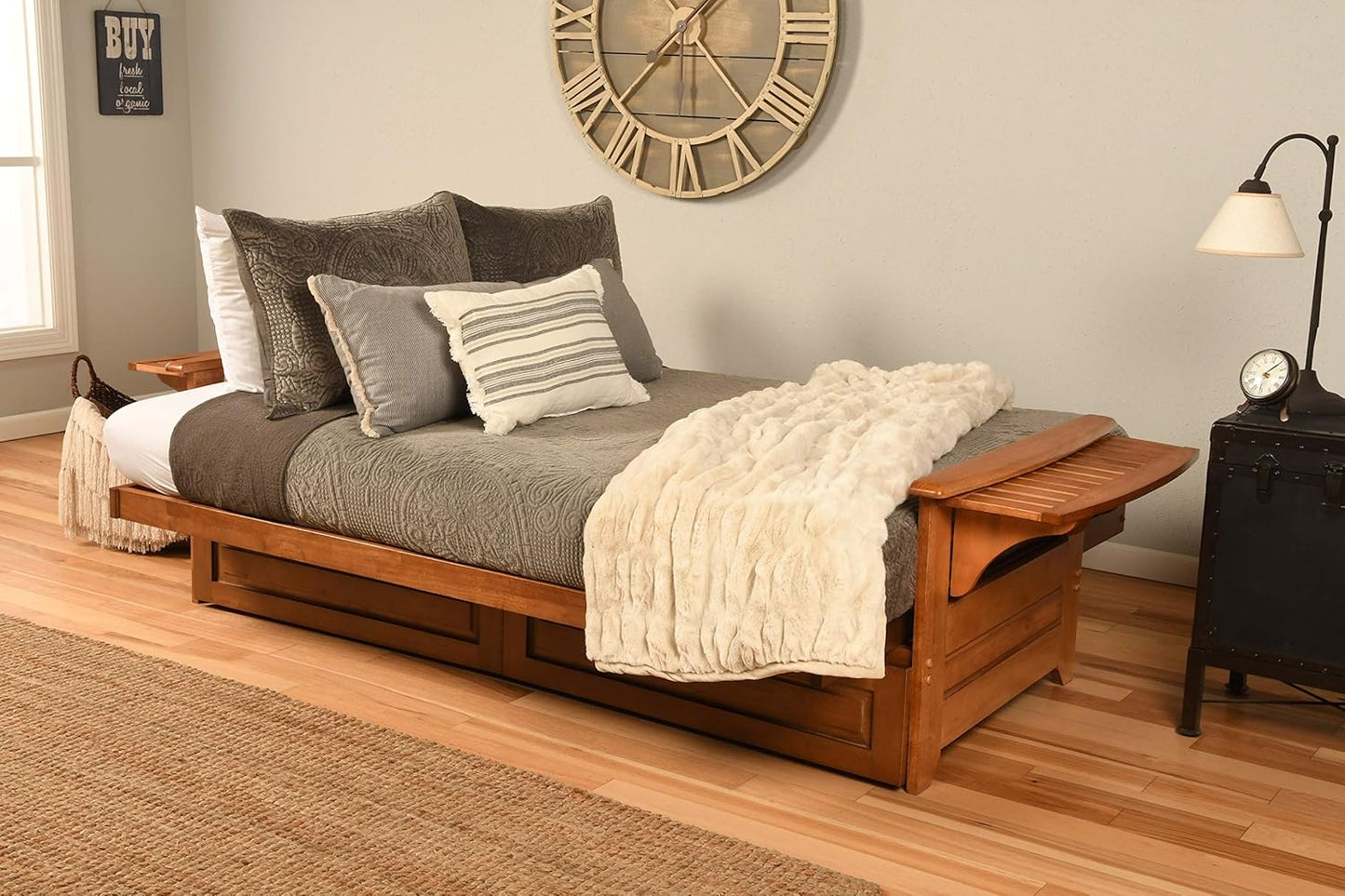 Kodiak Furniture Phoenix Futon Set with Linen Stone Mattress and Storage Drawers, Full, Barbados