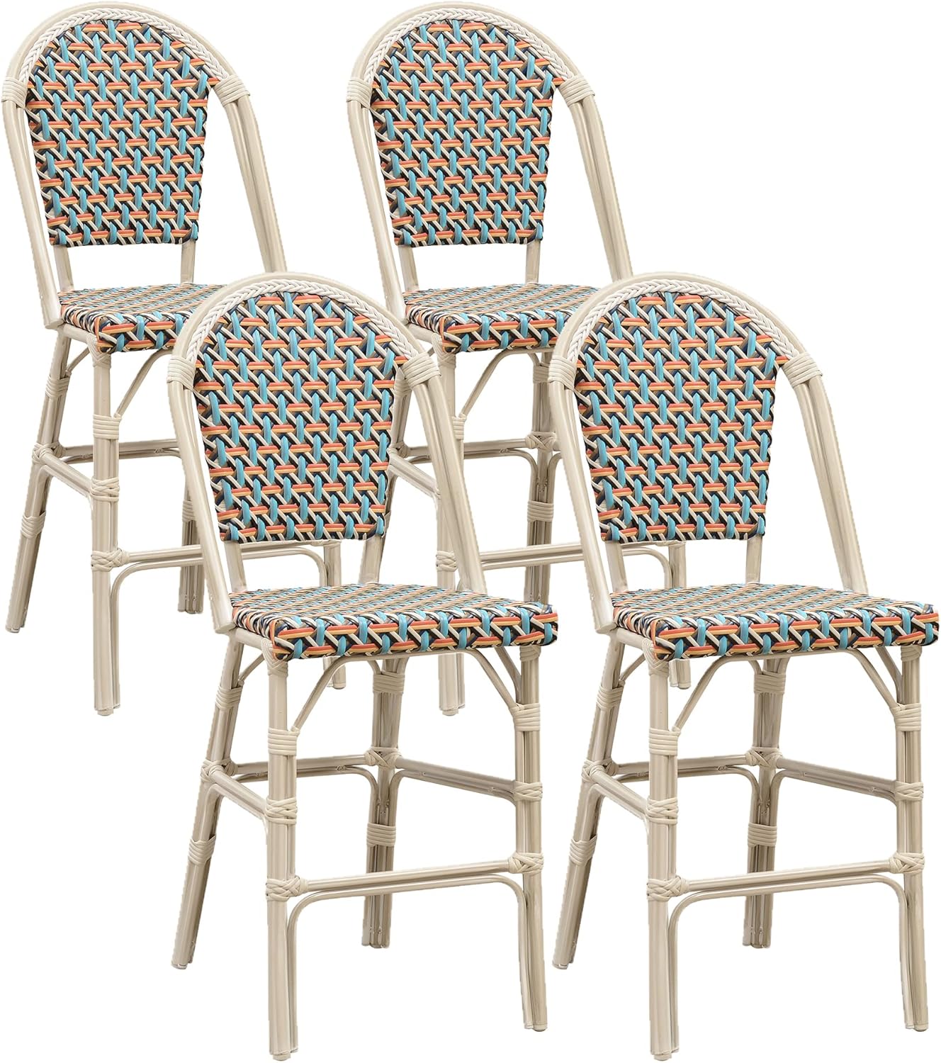 PURPLE LEAF French Bar Stool Set of 2 Bamboo Print Finish Patio Bar Stools with Back Rattan Chairs Wicker Bar Height Stool 30" with Footrest Kitchen Island Stools Outdoor Barstool Royal Blue