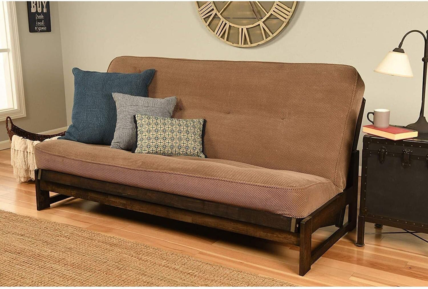 Lakefront Luxury Full Size Futon Frame Set in Reclaimed Mocha Finish, Futon Frame with Mattress, Straight Arm, Versatile and Convertible Design Futon Frame for All Spaces Frame Only