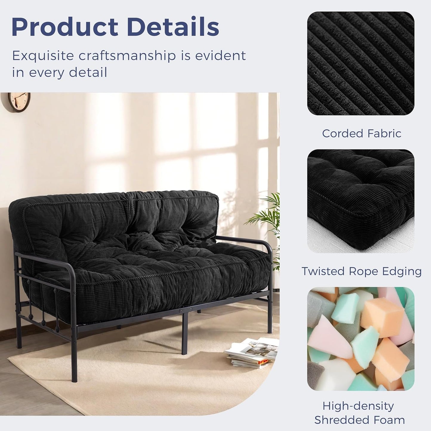 MAXYOYO 8" Futon Mattress Full Size, Ultra Thick Futons Sofa Couch Bed Tufted Sleeper Sofa Bed, Floor Mattress for Adults, Shredded Foam Filling (Frame Not Included), Black