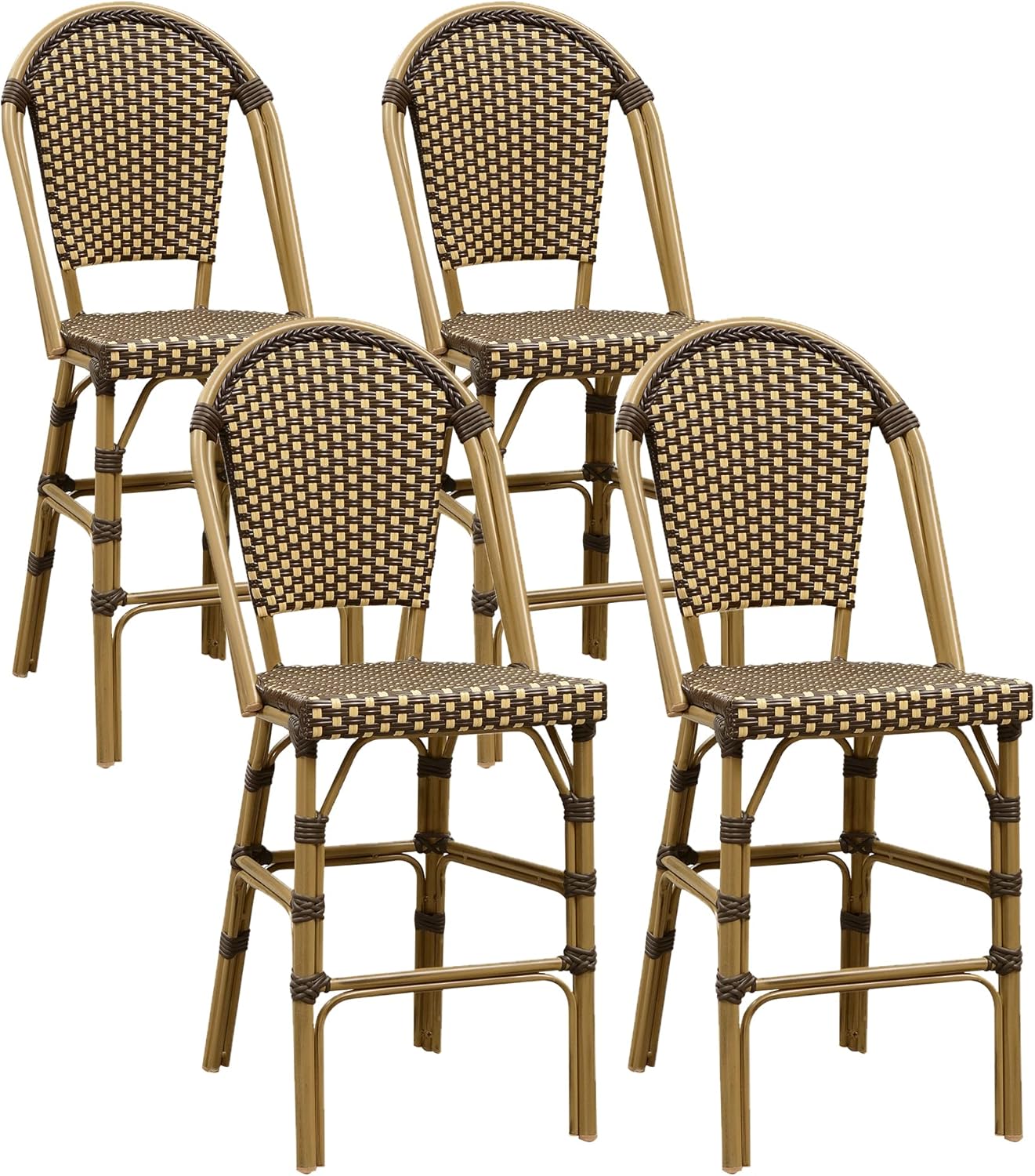 PURPLE LEAF French Bar Stool Set of 2 Bamboo Print Finish Patio Bar Stools with Back Rattan Chairs Wicker Bar Height Stool 30" with Footrest Kitchen Island Stools Outdoor Barstool Royal Blue