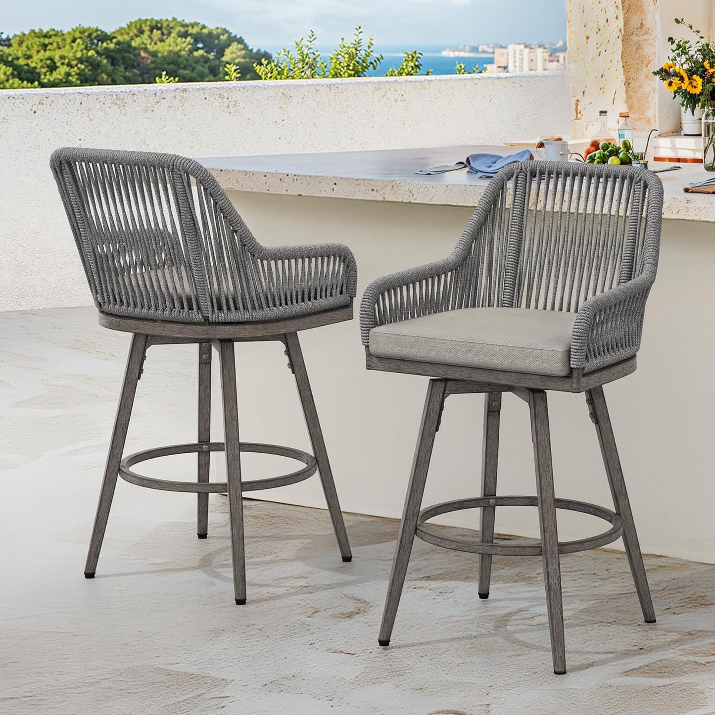 Outdoor Bar Stools Set of 3, 360° Swivel Aluminum Rattan Barstools, Olefin Rope Counter Height Bar Stools with Curved Backrest, Boho Barstool with Circular Cushion for Patio, Kitchen, Apricot