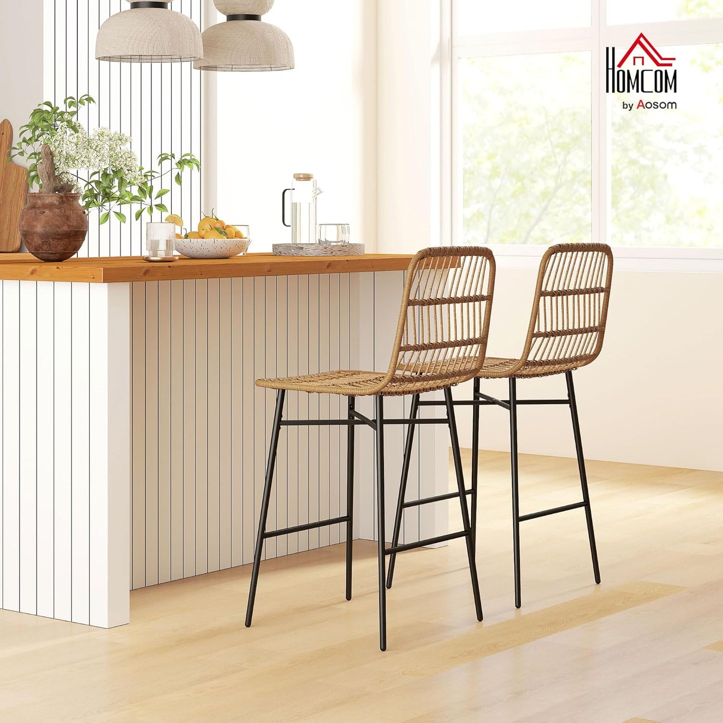 HOMCOM Rattan Counter Height Bar Stools Set of 2, 26" Wicker Barstools with Back, Modern Bar Chairs for Kitchen Island, Kitchen Counter and Dining Room, Brown