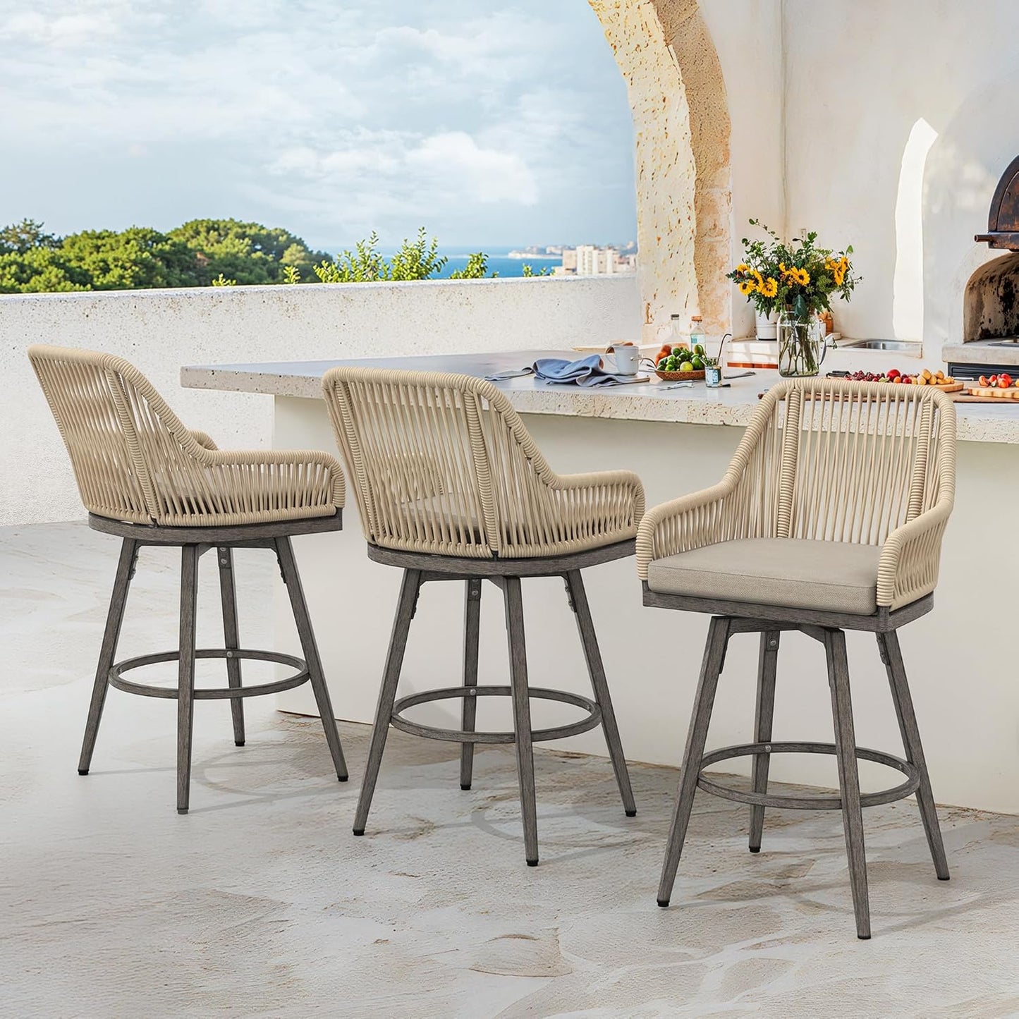 Outdoor Bar Stools Set of 3, 360° Swivel Aluminum Rattan Barstools, Olefin Rope Counter Height Bar Stools with Curved Backrest, Boho Barstool with Circular Cushion for Patio, Kitchen, Apricot