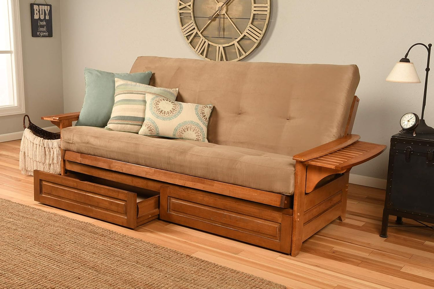 Kodiak Furniture Phoenix Futon Set with Linen Stone Mattress and Storage Drawers, Full, Barbados