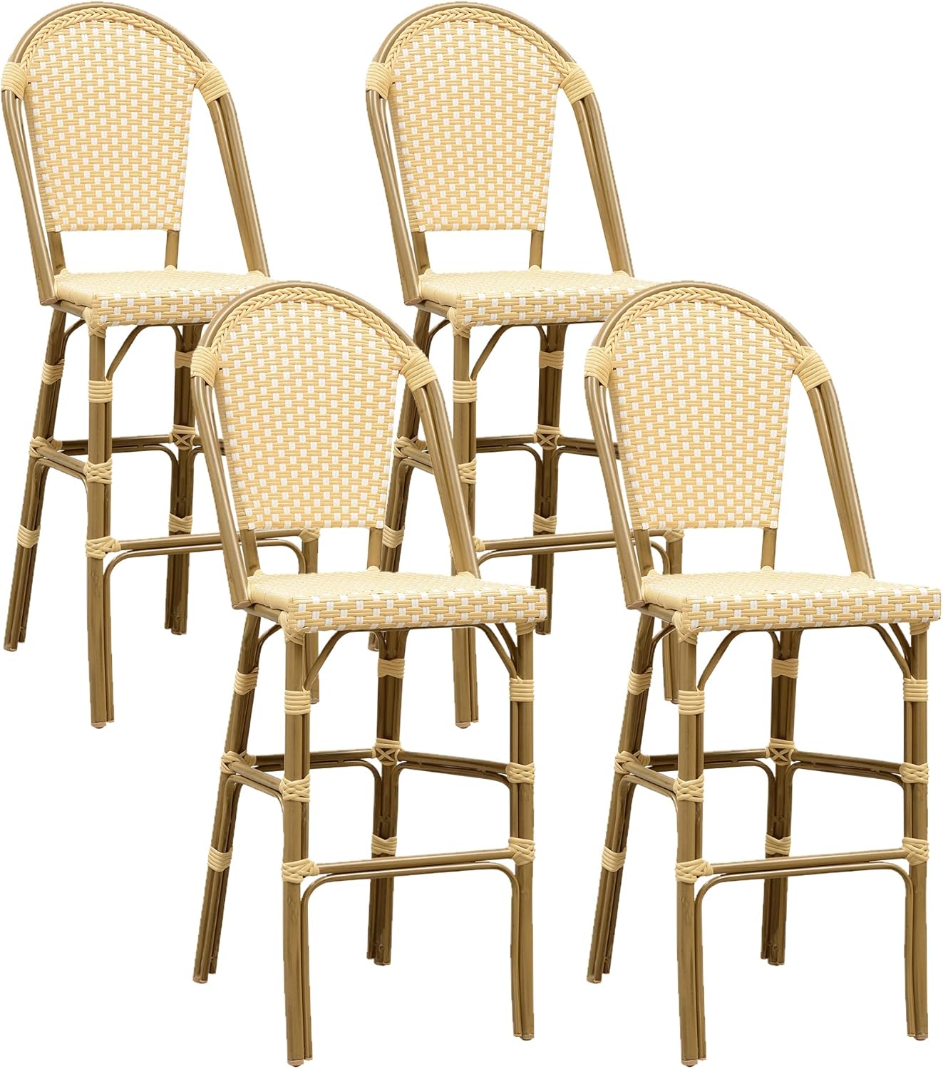 PURPLE LEAF French Bar Stool Set of 2 Bamboo Print Finish Patio Bar Stools with Back Rattan Chairs Wicker Bar Height Stool 30" with Footrest Kitchen Island Stools Outdoor Barstool Royal Blue