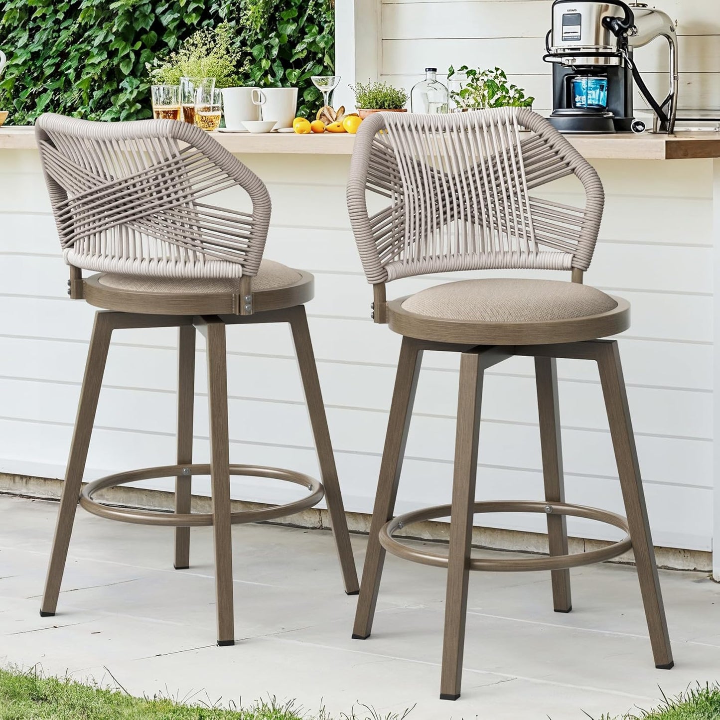 Outdoor Bar Stools Set of 3, 360° Swivel Aluminum Rattan Barstools, Olefin Rope Counter Height Bar Stools with Curved Backrest, Boho Barstool with Circular Cushion for Patio, Kitchen, Apricot