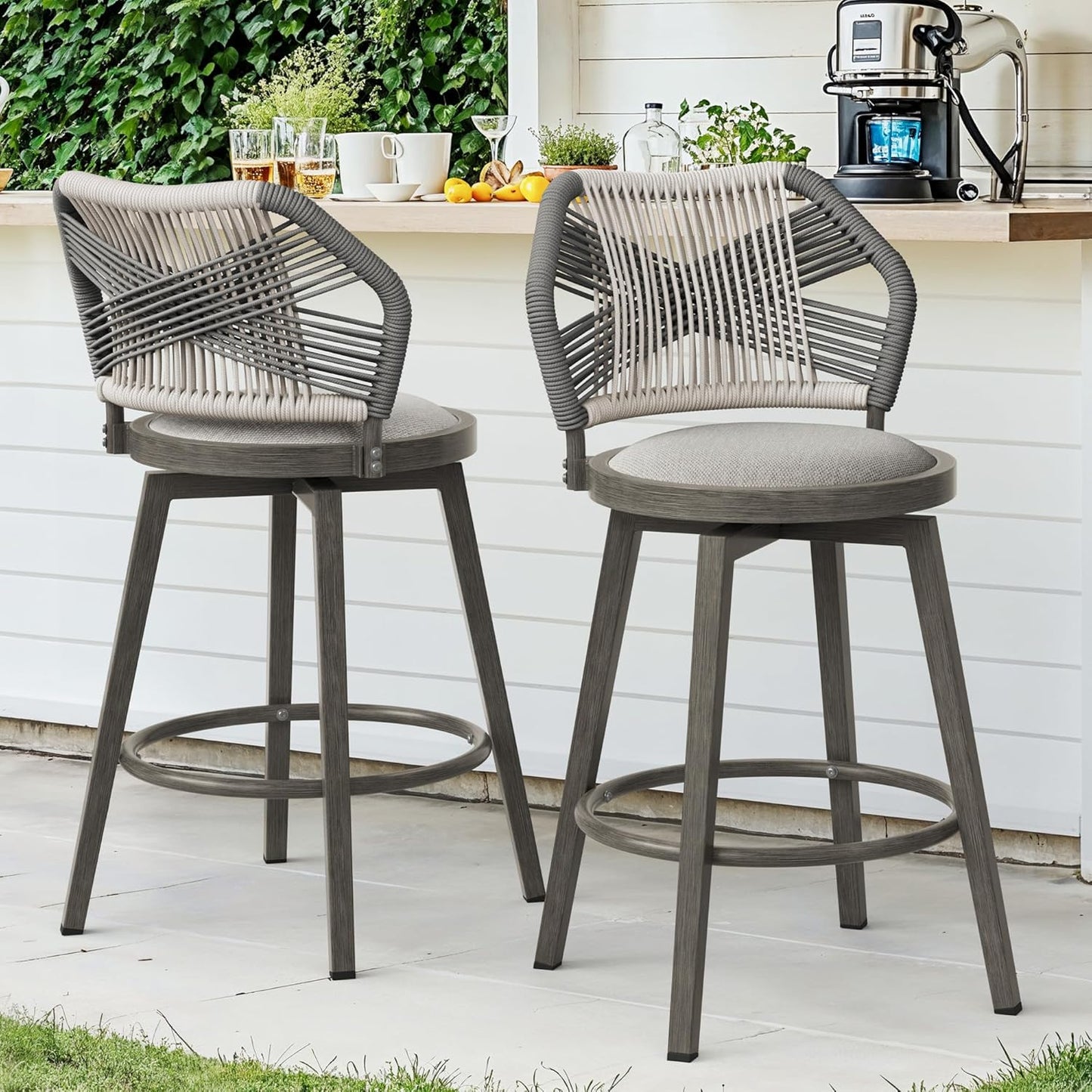 Outdoor Bar Stools Set of 3, 360° Swivel Aluminum Rattan Barstools, Olefin Rope Counter Height Bar Stools with Curved Backrest, Boho Barstool with Circular Cushion for Patio, Kitchen, Apricot