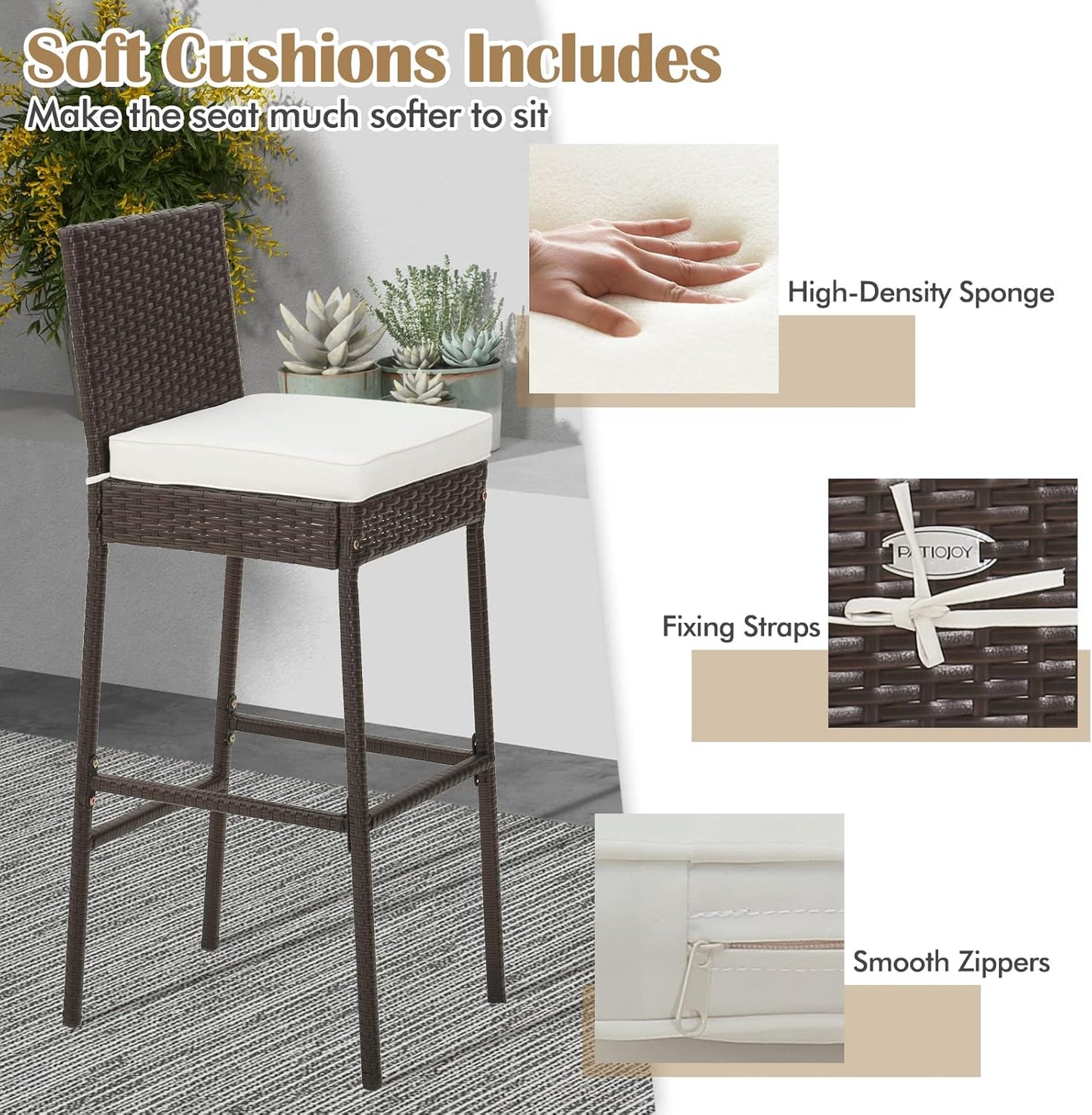 RELAX4LIFE Outdoor Bar Stools Set of 4 - Wicker Rattan Patio Barstools Tall Chairs w/Back, Footrest, Seat Cushions & Metal Frame, 400LBS Weight Capacity, 30’’ Counter Height Bar Stools (2, Mix Brown)