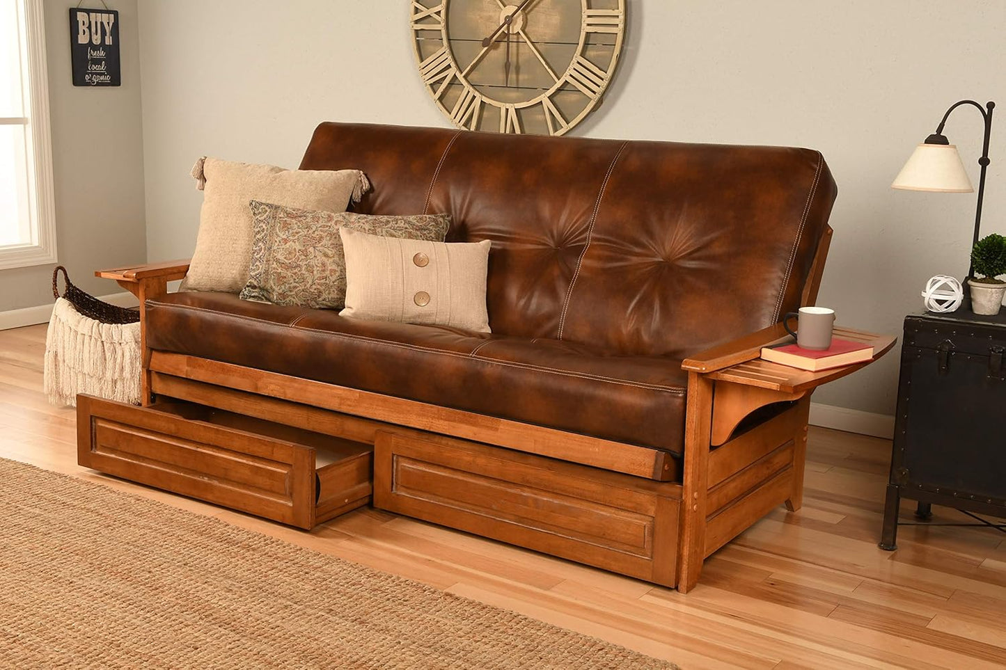 Kodiak Furniture Phoenix Futon Set with Linen Stone Mattress and Storage Drawers, Full, Barbados