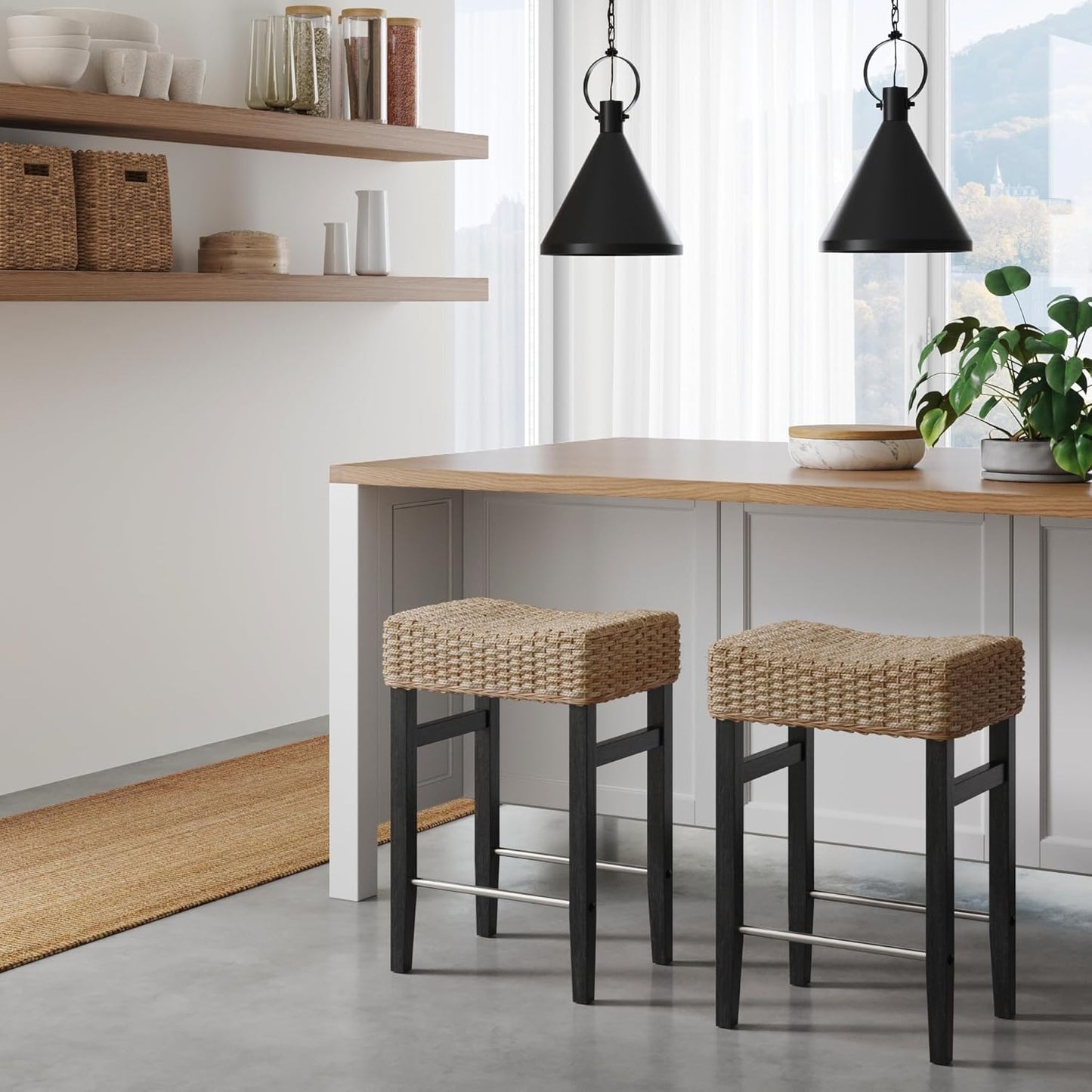 Nathan James Harvey Rattan Bar Stool, Bohemian Counter Height Stool with Woven Seagrass Seat, Solid Wood Legs, and Metal Footrest Seagrass/Brushed Black
