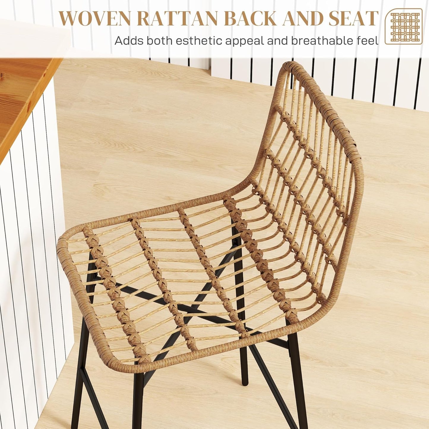 HOMCOM Rattan Counter Height Bar Stools Set of 2, 26" Wicker Barstools with Back, Modern Bar Chairs for Kitchen Island, Kitchen Counter and Dining Room, Brown
