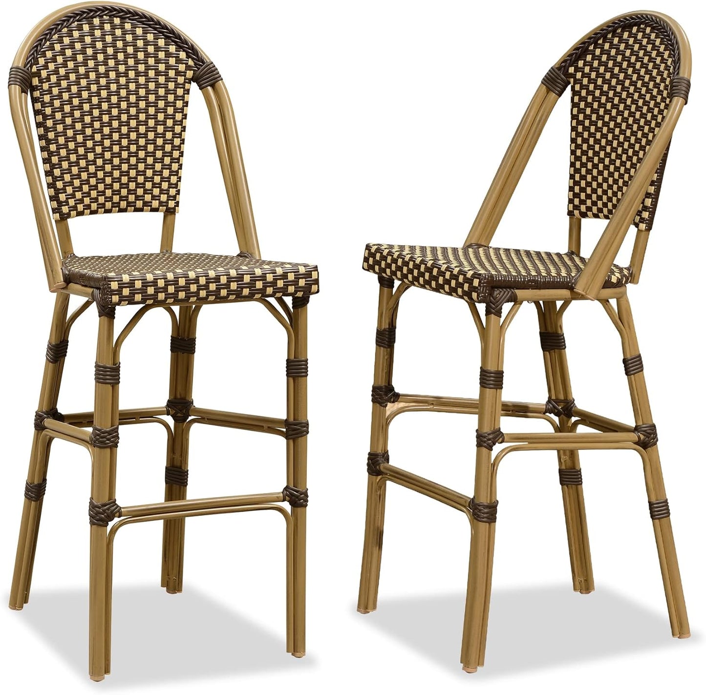 PURPLE LEAF French Bar Stool Set of 2 Bamboo Print Finish Patio Bar Stools with Back Rattan Chairs Wicker Bar Height Stool 30" with Footrest Kitchen Island Stools Outdoor Barstool Royal Blue