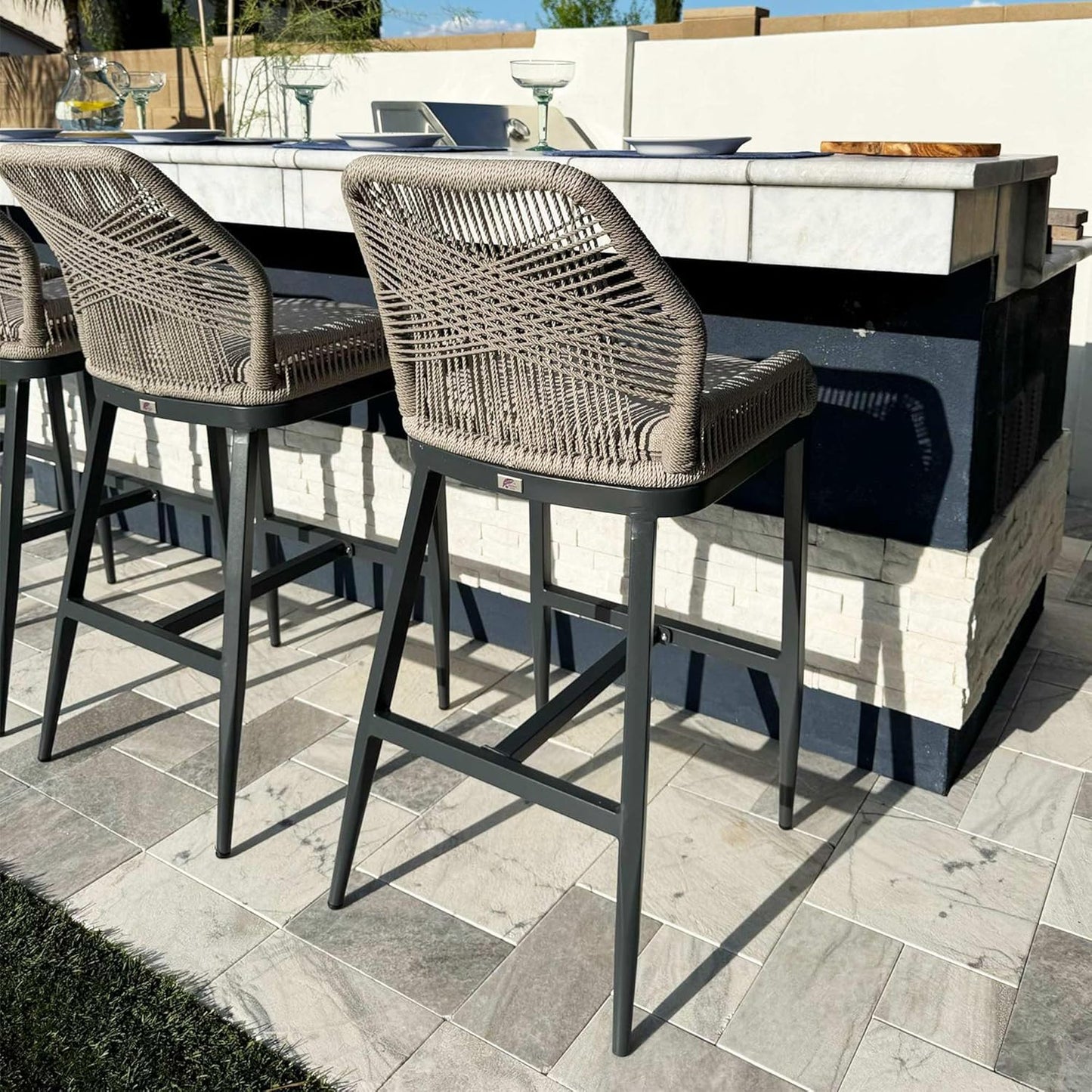 PURPLE LEAF Patio Sunbrella Bar Height Stools 28" H Set of 2 Boho Rattan Aluminum Tall Bar Chairs with High Back Arms for Outside Island Kitchen Backyard Outdoor Wicker Barstools Champagne