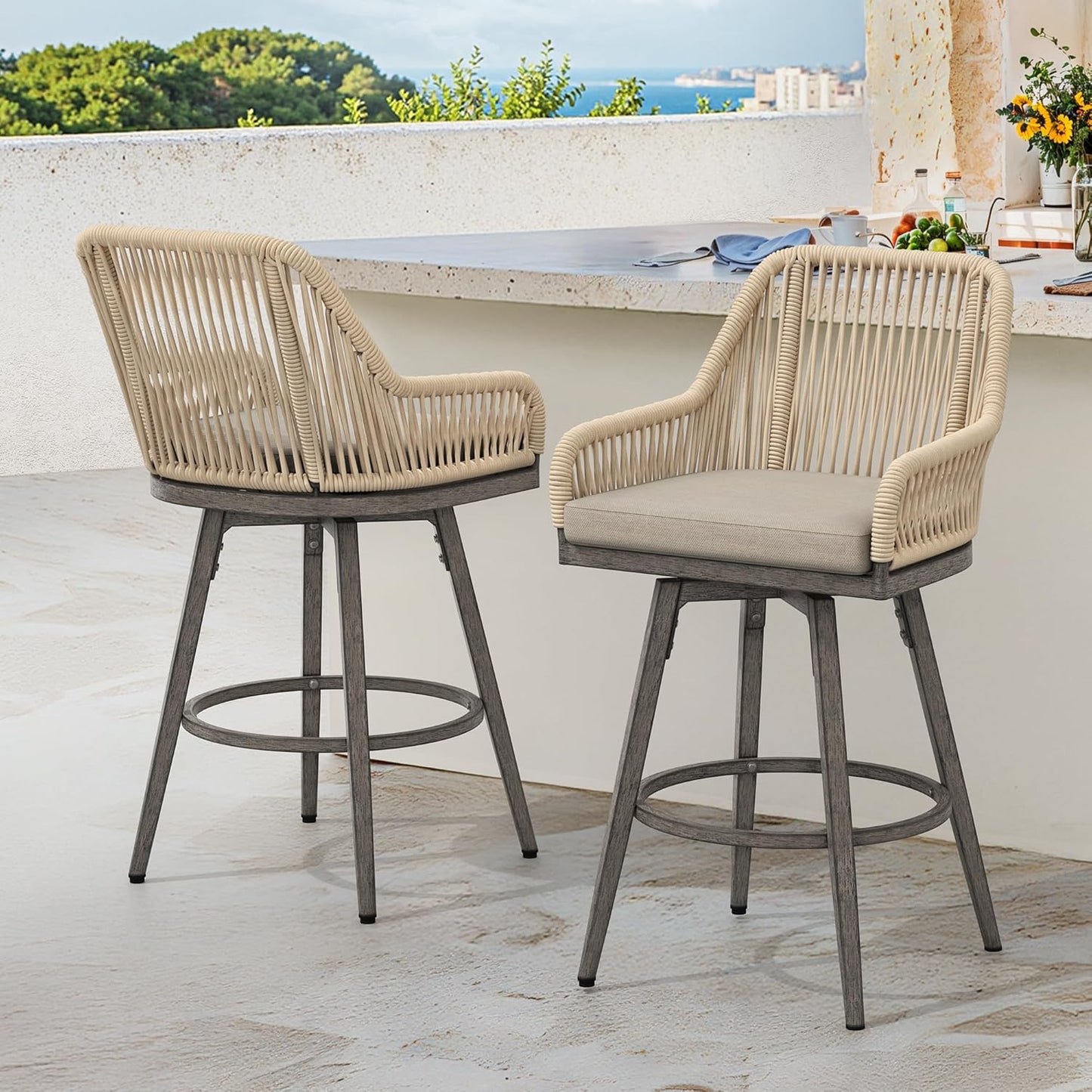 Outdoor Bar Stools Set of 3, 360° Swivel Aluminum Rattan Barstools, Olefin Rope Counter Height Bar Stools with Curved Backrest, Boho Barstool with Circular Cushion for Patio, Kitchen, Apricot