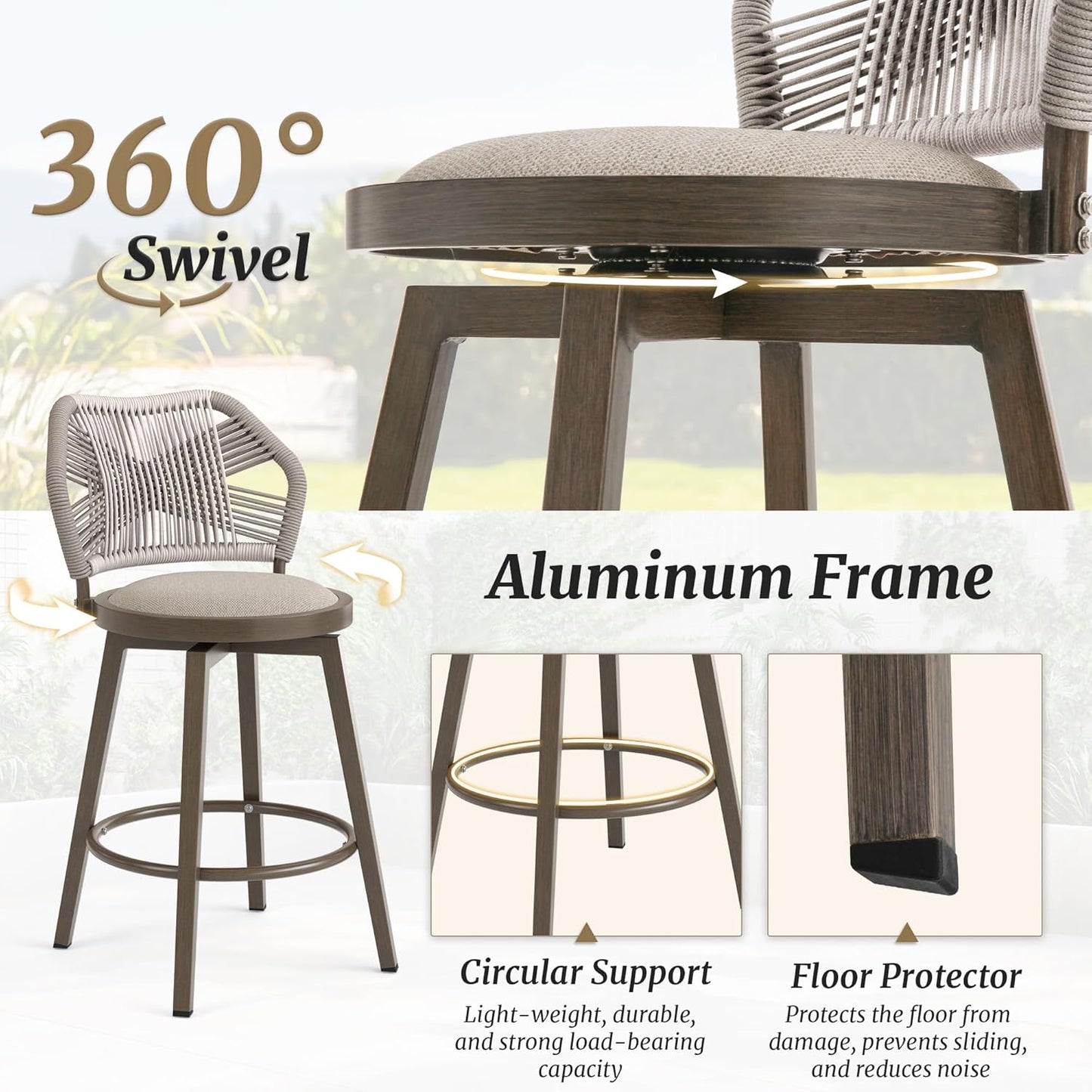 Outdoor Bar Stools Set of 3, 360° Swivel Aluminum Rattan Barstools, Olefin Rope Counter Height Bar Stools with Curved Backrest, Boho Barstool with Circular Cushion for Patio, Kitchen, Apricot