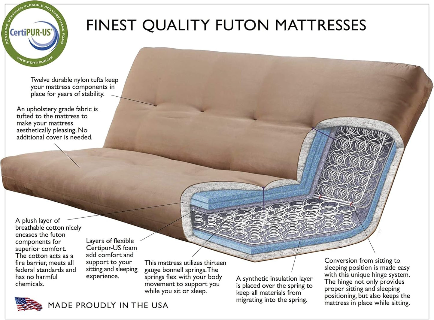 Kodiak Furniture Phoenix Futon Set with Linen Stone Mattress and Storage Drawers, Full, Barbados