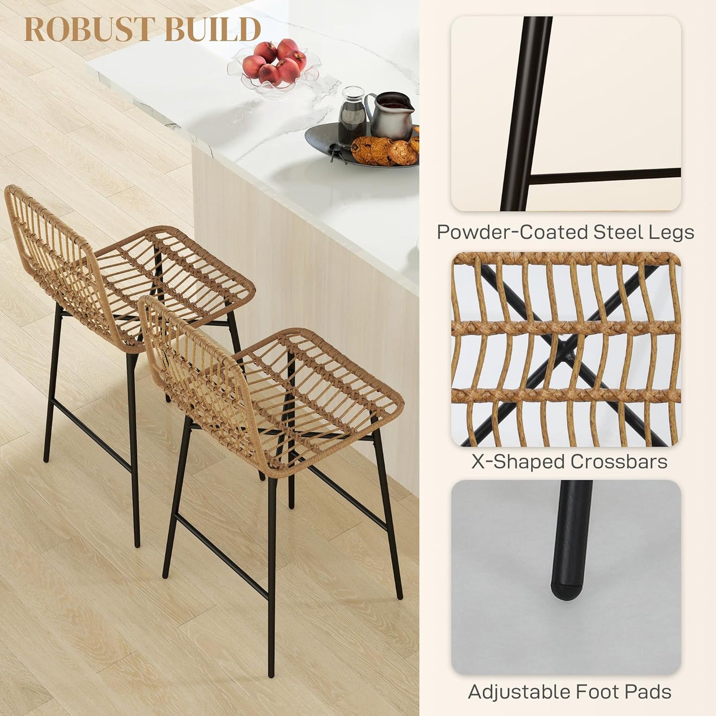 HOMCOM Rattan Counter Height Bar Stools Set of 2, 26" Wicker Barstools with Back, Modern Bar Chairs for Kitchen Island, Kitchen Counter and Dining Room, Brown