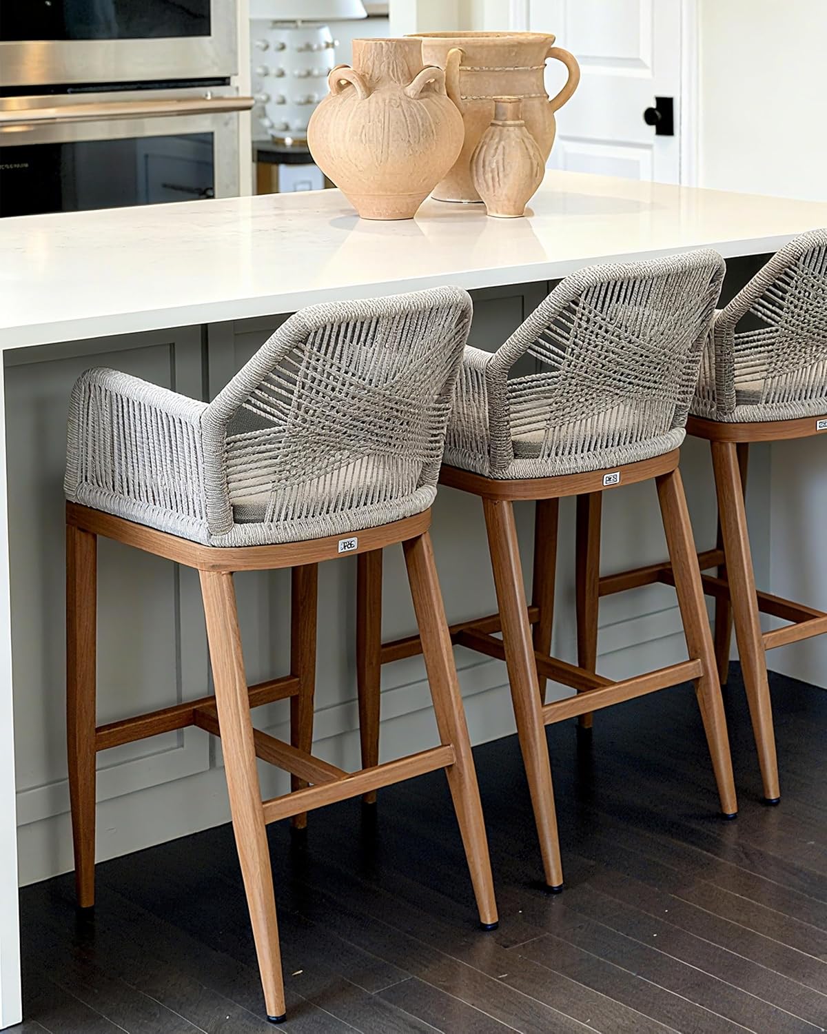 PURPLE LEAF Patio Sunbrella Bar Height Stools 28" H Set of 2 Boho Rattan Aluminum Tall Bar Chairs with High Back Arms for Outside Island Kitchen Backyard Outdoor Wicker Barstools Champagne