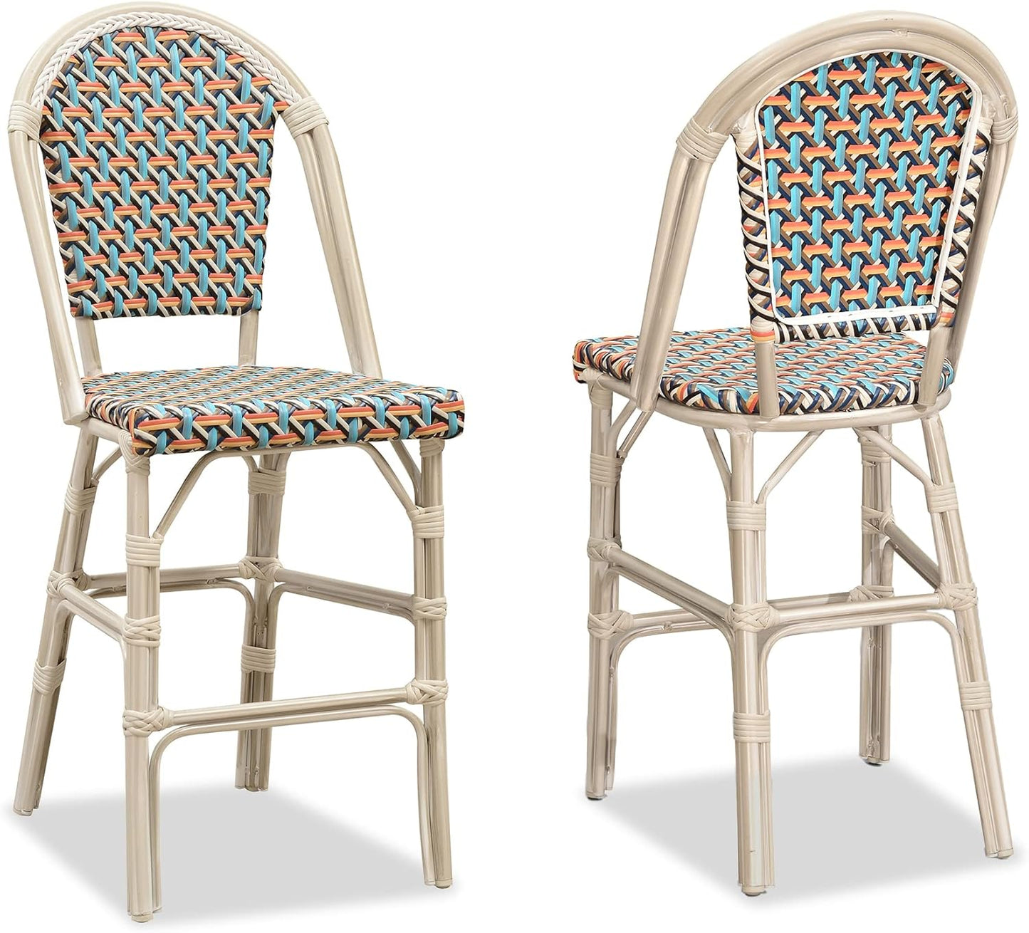 PURPLE LEAF French Bar Stool Set of 2 Bamboo Print Finish Patio Bar Stools with Back Rattan Chairs Wicker Bar Height Stool 30" with Footrest Kitchen Island Stools Outdoor Barstool Royal Blue